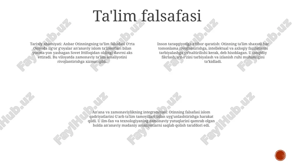 rni hal qilish orqali amaliy bilim va ko'nikmalarni rivojlantirishga qaratilgan. transformativ ta'lim nazariyasi pedagogik qarashlari (ta'limga oid qarashlar): otin ta'lim tanqidiy fikrlash, ijodkorlik va jamiyatning mas'uliyatli va faol a'zolari bo'lgan shaxslarni rivojlantirishga yordam berishi kerak deb hisoblardi. transformativ ta'lim nazariyasi: bu nazariya tanqidiy fikrlash va transformativ tajribalar orqali o'quvchining e'tiqodlari, qadriyatlari va istiqbollaridagi tub o'zgarishlarni ta'kidlaydi. anbar otinning pedagogik qarashlari (anbar otinning ta'limga oid qarashlari): qozog'istonlik pedagog otin jamiyatni o'zgartirishda ta'limning rolini ta'kidlab, o'quvchiga yo'naltirilgan yondashuvlar va tanqidiy fikrlash qobiliyatlarini targ'ib qildi. an’anaviy ta’limning tanqidi an'anaviy ta'lim tanqidi:- an'anaviy ta'lim ko'pincha o'ta qattiq va egiluvchanligi, talabalar har doim ham ularga mos kelmaydigan tezlikda o'rganishga majbur bo'lishi uchun tanqid qilinadi. tanqidiy fikrlash qobiliyatlarini rivojlantirishdan ko'ra anbar otinning pedagogik qarashlari:- anbar otinning pedagogik qarashlari ta’lim oluvchilarning qiziqishlari va tajribalarining muhimligini ta’kidlaydi.- otinning ta’kidlashicha, eslab qolish va bilimni passiv qabul qilishga qaratilgan ta’limning an’anaviy modeli endi samarali emas pedagogik qarashlari:- otinning pedagogik qarashlari …