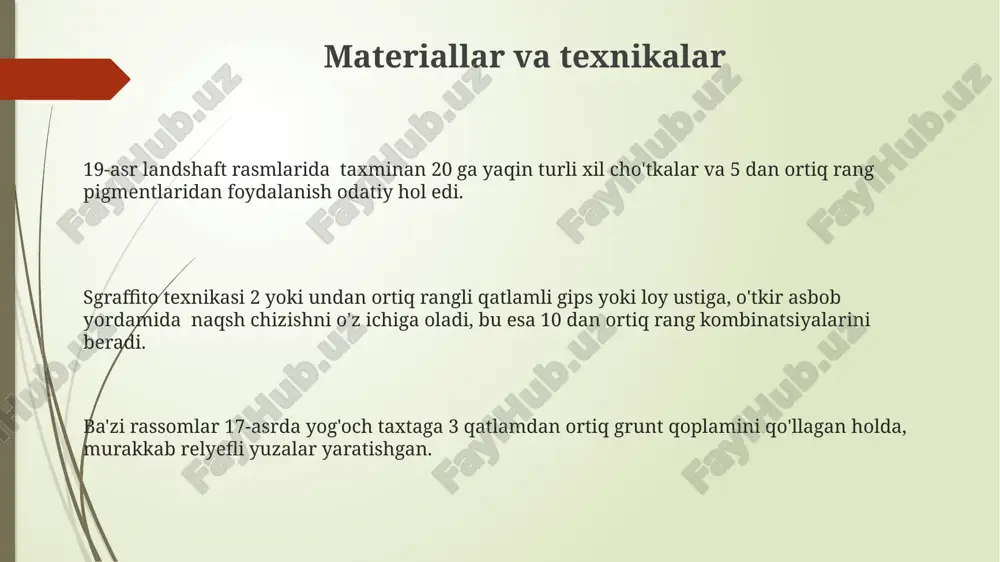 ki uchlik qoida, rasmning muvozanatini va estetik jozibadorligini oshiradi, shu bilan birga ranglarning dinamikasini ta'minlaydi. mashhur rassomlar va ularning uslublari pablo pikassonning kubizm uslubi, 20-asr boshlarida paydo bo'lib, geometrik shakllar va ko'pburchaklar orqali ob'ektlarni 3 o'lchamda tasvirlashga asoslangan. salvador dalining sürrealizm uslubi, 1920-yillarda paydo bo'lib, ong osti dunyosini aks ettiruvchi g'ayritabiiy va xayoliy tasvirlar bilan mashhur. andrey rublyovning ikonografiya uslubi, 15-asrda o'ziga xos muqaddas obrazlar va sokin, o'ychan rang palitrasini ifodalovchi 20 dan ortiq ikonani yaratgan. uslublarning o'ziga xos xususiyatlari impresionizmda 20-30 ga yaqin qisqa, tezkor cho'tka zarbalari orqali yorug'lik va ranglarning tebranishini ifodalash uslubi, ya'ni "vizual tebranish" xususiyati mavjud. uslublarning rang palitrasi va kompozitsiyasi o'ziga xos xususiyatlarini aniqlashda muhim rol o'ynaydi; masalan, kubizmda 3 asosiy rangning monoxromatik qo'llanilishi va geometrik shakllarning 2 o'lchovli tasviri kuzatiladi. barok uslubiga xos bo'lgan dinamik kompozitsiya, yorug'lik-soya o'yini va 17-asrga xos bo'lgan murakkab detalizatsiya bilan farqlanadi; bu davr san'ati asarlarining katta o'lchamlari ham xarakterli …
