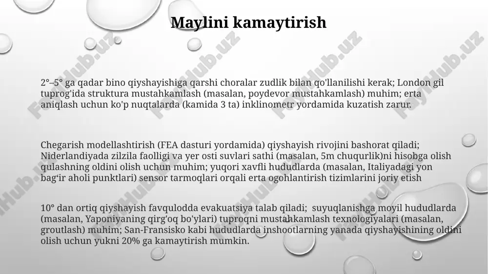 stni sozlash (chapga 1000 kg, o'ngga 500 kg qo'shish), 40 tugundan oshiq shamol kuchini (7 ballli beaufort shkalasi) kamaytirish va asores yaqinida ag'darilishning oldini olish uchun to'g'ri og'irlik taqsimotini (cg 15 metrda) ta'minlash kerak kemani tenglamaganlik uchun muhim bo'lgan dinamik barqarorlikni ta'minlash uchun 3 o'q bo'yicha sensorlardan (gps, akselerometrlar) real vaqt ma'lumotlarini kuzatish zarur mayil mexanizmlari deltalarda (masalan, missisipi daryosi deltasi) cho'kindi jinslarning siqilishi qiyshayishga olib keladi kaliforniyadagi san-andreas yoriq tizimi yaqinidagi ko'p tekisliklarda qiyshiq siljish yoriqlari (masalan, ~30° qiyalik burchagi) differentsial siljish va yer po'sti qisqarishi/cho'zilishi tufayli egilishni keltirib chiqarishi mumkin, bu esa mintaqaviy yer cho'kishiga (ba'zi hududlarda yiliga 1 m gacha) va sirt egilishiga olib kelishi mumkin magmatik intruzivlar (masalan, yellouston milliy bog'i ostidagi batolitlar, ~10 km chuqurlikda) sezilarli termal stress o'zgarishlarini keltirib chiqaradi. bu atrofdagi jinslarning zichligi va reologiyasini o'zgartirib, yuqori qobiqning qiyshayishiga olib keladi maylni kompensatsiya qilish aniq o'lchovlar va barqaror ishlash uchun samarali moyillikni kompensatsiya …