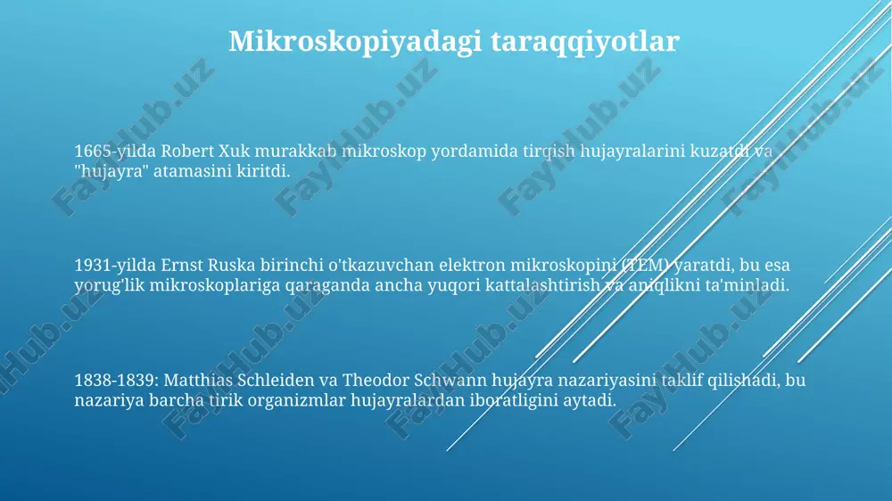 tashkil topgan. levenxukning mikroskoplari 1674-yilda antonie van leeuwenhoek oddiy mikroskoplar yasab, mikroorganizmlarni kuzatdi va sitologiya asosini yaratdi. 1838-1839 yillarda mattias shlayden va teodor shvan hujayra nazariyasini taklif qilib, barcha tirik organizmlar hujayralardan tashkil topganligini ta'kidladilar. 1831-yilda robert braun oʻsimlik hujayralarida yadro topdi va bu uning hujayra tuzilishidagi ahamiyatini ta'kidladi. genomika va proteomika davri 1838-1839 yillarda shleyden va shvann hujayra nazariyasini taklif qilib, barcha tirik organizmlar hujayralardan tashkil topganligini ta'kidlashdi. 1665-yilda robert huk mikroskop yordamida hujayralarni kuzatib, ularga nom berdi. 1858-yilda rudolf virxov hujayra nazariyasiga qo'shimcha qilib, barcha hujayralar avvalgi hujayralardan kelib chiqqanligini ta'kidladi. sitolojiyaning kelajagi 1900: boveri va sutton xromosomalarni irsiylik bilan bog'ladilar. 1838-1839: shlayden va shvann hujayra nazariyasini taklif qiladi. 1838-1839: shlayden va shvann hujayra nazariyasini taklif qiladi. molekulyar sitologiyaning tug'ilishi 1953-yilda uotson va krik dnk tuzilishini kashf etdilar, bu molekulyar sitologiya uchun poydevor yaratdi. 1838-1839 yillarda shlayden va shvann hujayra nazariyasini ilgari surdilar, bu nazariyaga ko'ra barcha tirik …