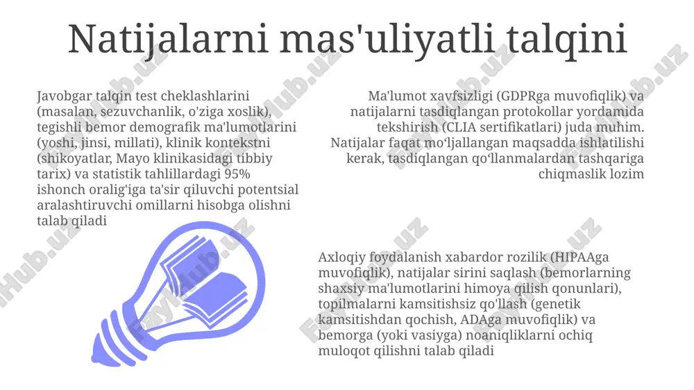 , genetik moyillik) noto'g'ri talqin qilinishi (maktablar, kasalxonalar, nyu-york, london) noto'g'ri tashxislarga, kamsitishlarga (masalan, tarafkash joylashtirish, resurslarga tengsiz kirish) olib keladi va ba'zi hududlardagi bolalarning 20 foiziga ta'sir qiladi ma'lumotlar maxfiyligi va mahramligi test natijalarini (bemor idsi, joylashuvi, sanasi) xavfsiz saqlash (shifrlash, anonimlashtirish), faqat vakolatli xodimlarga kirish imkoniyatini berish va ruxsatsiz oshkor qilishning oldini olish (jarimalar, sud ishlari) ma'lumotlar maxfiyligini (gdpr, ccpa, hipaa) ta'minlaydi. tekshirish uchun xabardor rozilik (bemor tushunishi, 21 cfr 11-qismga muvofiqlik), natijalarni shaffof taqdim etish (tushunarli til, oson tushuniladigan format) va natijalardan moʻljallangan maqsaddan tashqari foydalanishni (tadqiqot, marketing, bemor joylashuv maʼlumotlari) taqiqlash axloqiy jihatdan zarur. maxfiylik buzilishi (ma'lumotlar oqishi, ruxsatsiz kirish) zararni kamaytirish (obro'ga putur yetkazish, qonuniy jazolar) uchun zarar ko'rgan shaxslarni (xabar berish, tuzatish, 45 cfr 164-qismga muvofiqlik) o'z ichiga olgan zudlik bilan voqeaga munosabat bildirishni (nist kiberxavfsizlik ramka, buzilish to'g'risida xabar berish to'g'risidagi qonunlar) talab qiladi testlardagi xolislik va adolatsizlik baholash adolatligi test loyihalashtirish, o'tkazish …