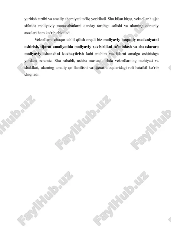 y jihatdan mustahkamlaydi. vekselda ko‘rsatilgan summa va muddat asosida qarzdor to‘lovni amalga oshirishga majbur bo‘ladi. shu nuqtai nazardan veksellar moliyaviy ishonchlilikni ta’minlaydi. 2. yozma hujjat sifatida ishonchlilik veksel — bu faqat og‘zaki kelishuv emas, balki qonuniy kuchga ega yozma hujjatdir. u o‘z ichiga to‘lov summasi, muddat, qarzdor va kreditorning ma’lumotlari, imzolar va rasmiy ko‘rsatmalarni oladi. shu bilan u moliyaviy majburiyatni aniq va rasmiy shaklda tasdiqlaydi. 3. kafolatlangan qarz vositasi veksel orqali qarzdor to‘lovni kechiktirsa ham, huquqiy mexanizm orqali kreditor pulni talab qilish huquqiga ega bo‘ladi. bu jihat veksellarni shunchaki hujjatdan ko‘ra, moliyaviy kafolat vositasi sifatida ahamiyatli qiladi. 4. tijorat va moliya operatsiyalarini soddalashtirish veksellar tijorat aloqalarini tezlashtiradi va mablag‘larni oqilona taqsimlashga yordam beradi. masalan, uzoq muddatli shartnomalar asosida to‘lovlarni amalga oshirishda veksellar ishonchli vosita bo‘lib xizmat qiladi. shu bilan birga, ular kredit operatsiyalarida kafolat sifatida ishlatiladi. 5. moliyaviy huquqiy vosita veksel, shuningdek, moliyaviy huquqiy vosita sifatida qaraladi. u qarzdor va …