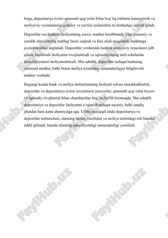 u bilan birga, u moliyaviy risklarni kamaytiradi va investitsiyalarni xavfsizligini ta’minlaydi. depositariya — bu moliyaviy tizimning muhim bo‘lagi bo‘lib, qimmatli qog‘ozlar, moliyaviy vositalar va boshqa aktivlarni saqlash, hisobga olish va ularni tartibga solish bilan shug‘ullanuvchi maxsus moliya instituti hisoblanadi. asosan, depositariya investitsion va moliyaviy operatsiyalarni xavfsiz va shaffof amalga oshirish uchun xizmat qiladi. u moliya bozori ishtirokchilari — investorlar, kompaniyalar, banklar va davlat organlari o‘rtasidagi vositachi sifatida ishlaydi. depositariya tushunchasini yanada kengaytiradigan bo‘lsak, u quyidagi jihatlarni o‘z ichiga oladi: · saqlash funksiyasi: depositariya moliyaviy vositalarni, shu jumladan aksiyalar, obligatsiyalar, sertifikatlar va boshqa qimmatli qog‘ozlarni xavfsiz saqlashni ta’minlaydi. bu xususiyat investorlar uchun moliyaviy xavfsizlikni kafolatlaydi. · hisob-kitob funksiyasi: depositariya barcha moliyaviy operatsiyalarni elektron tizim orqali ro‘yxatga oladi va hisob-kitoblarni yuritadi. bu moliyaviy bozorning shaffofligini oshiradi va firibgarlik yoki noto‘g‘ri hisob-kitoblarning oldini oladi. · moliyaviy vositalar aylanmasini tartibga solish: depositariya qimmatli qog‘ozlarni chiqarish, sotish yoki qayta sotish jarayonlarini nazorat qiladi. shu tariqa, …