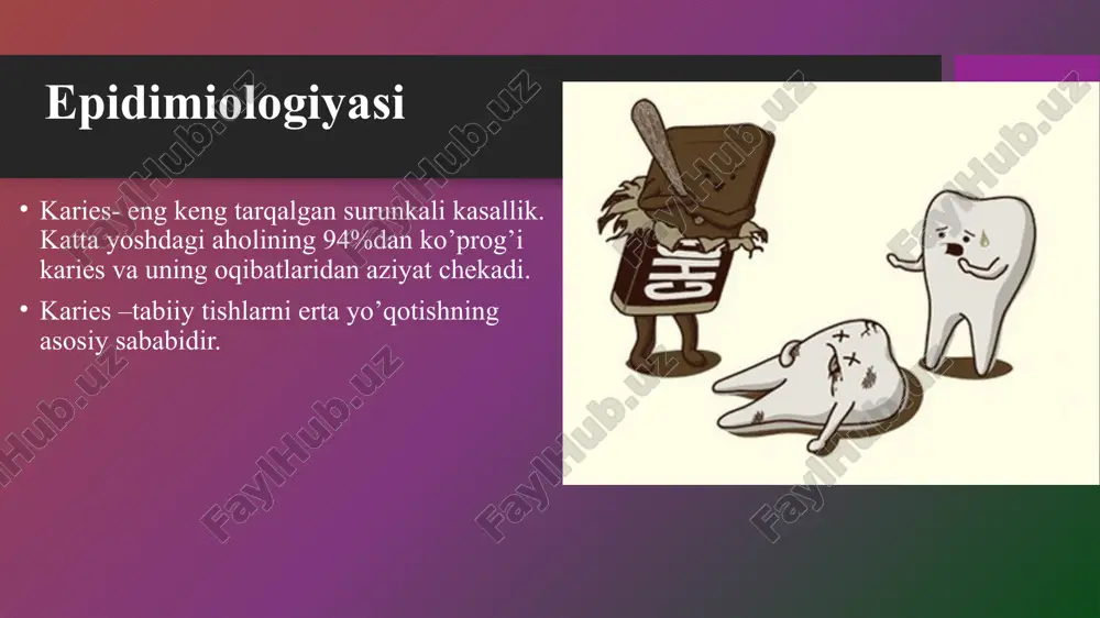 qasi; 2)tish yuzasi strukturasi 3) ovqat ratsioni va chaynov intensivligi 4) so’lak va milk suyuqligi 5) og’iz bo’shlig’i gigiyenasi 6)og’iz bo’shlig’ida protez va plombalarni mavjudligi 7) tish-jag’ anomaliyalari karies paydo bo’lishida yetakchi rolni saxaroza o’naydi. u bir necha daqiqada phni 6dan 4gacha pasayeshini chaqiradi. uyqu vaqtida va giposalivatsiyada glikoliz jarayoni ayniqsa qizg’in kechadi. aktivlanish jarayoni uglevodlar miqdoriga bog’liq. ovqat tarkibi va konsistensiyasi karash hosil bo’lishiga ta’sir qiladi. ajablanarlisi, yumshoq ovqat uning shakllanishini tezlashtiradi, ko’p miqdorda saxaroza saqlaydi. isboti tish karashlari ovqat qabul qilayotgan vaqtdagiga nisbtan uyqu vaqtida tez hosil bo’ladi, chunki karash hosil bo’lishiga so’lak ajralishini va mexanik ta’sirlarni sekinlashishidan paydo bo’ladi. klassifikatsiyasi paydo bo’lish jarayoniga ko’ra: birlamchi ikkilamchi( retsidiv) karies — avval plombalangan tish kariesi voz bo’yicha emal karies, shu jumladan bo’rli dog’. dentin kariesi. sement kariesi. to’xtatilgan karies odontoklaziya. jarayon chuqurligi bo’yicha klassifikatsiya: a) asoratsiz (oddiy) karies: - dog’ bosqichidagi karies (dog’ kariesi) - yuza karies; - o’rta …