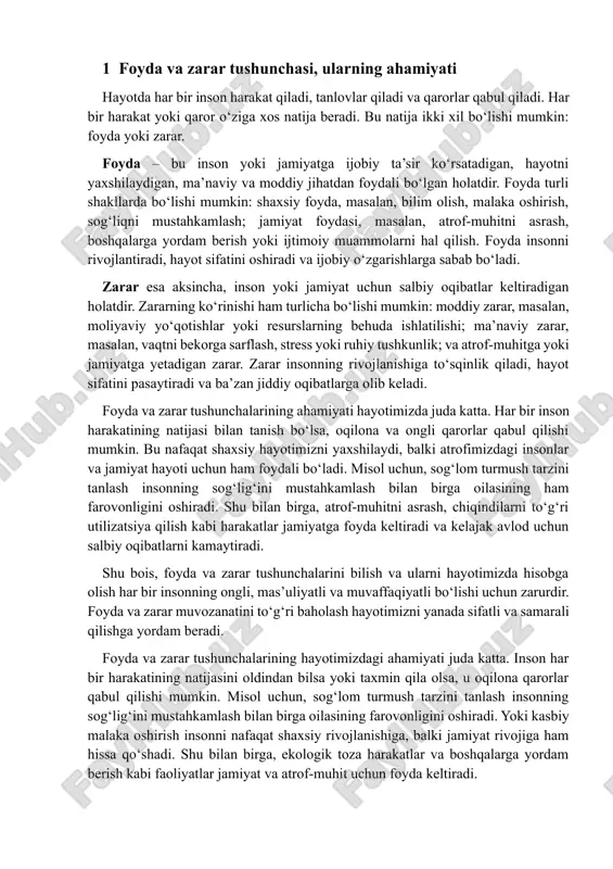 itga yoki jamiyatga yetadigan zarar. zarar insonning rivojlanishiga to‘sqinlik qiladi, hayot sifatini pasaytiradi va ba’zan jiddiy oqibatlarga olib keladi. foyda va zarar tushunchalarining ahamiyati hayotimizda juda katta. har bir inson harakatining natijasi bilan tanish bo‘lsa, oqilona va ongli qarorlar qabul qilishi mumkin. bu nafaqat shaxsiy hayotimizni yaxshilaydi, balki atrofimizdagi insonlar va jamiyat hayoti uchun ham foydali bo‘ladi. misol uchun, sog‘lom turmush tarzini tanlash insonning sog‘lig‘ini mustahkamlash bilan birga oilasining ham farovonligini oshiradi. shu bilan birga, atrof-muhitni asrash, chiqindilarni to‘g‘ri utilizatsiya qilish kabi harakatlar jamiyatga foyda keltiradi va kelajak avlod uchun salbiy oqibatlarni kamaytiradi. shu bois, foyda va zarar tushunchalarini bilish va ularni hayotimizda hisobga olish har bir insonning ongli, mas’uliyatli va muvaffaqiyatli bo‘lishi uchun zarurdir. foyda va zarar muvozanatini to‘g‘ri baholash hayotimizni yanada sifatli va samarali qilishga yordam beradi. foyda va zarar tushunchalarining hayotimizdagi ahamiyati juda katta. inson har bir harakatining natijasini oldindan bilsa yoki taxmin qila olsa, u oqilona …