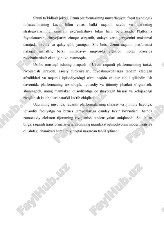 rzon narxlar va qulay to‘lov tizimlarini taklif qiladi. uzumning asosiy maqsadi – iste’molchilar uchun xarid jarayonini soddalashtirish va yetkazib berish xizmatini tezlashtirishdir. shu bilan birga, u kichik va o‘rta biznes vakillariga ham onlayn savdo imkoniyatini yaratadi. uzum raqamli platformasi – bu o‘zbekistonda onlayn savdo va yetkazib berish sohasida faoliyat yurituvchi innovatsion platforma bo‘lib, zamonaviy raqamli iqtisodiyotning muhim qismi hisoblanadi. platforma foydalanuvchilarga turli tovarlar va xizmatlarni internet orqali qulay va tezkor xarid qilish imkonini yaratadi. shu bilan birga, uzum kichik va o‘rta biznes subyektlariga o‘z mahsulotlarini keng auditoriyaga yetkazish imkoniyatini taqdim etadi. uzum platformasi bir necha asosiy komponentdan iborat bo‘lib, ular orasida mobil ilova, veb-sayt, yetkazib berish logistikasi va to‘lov tizimlari alohida ahamiyatga ega. mobil ilova foydalanuvchilarga o‘z smartfonlari orqali mahsulotlarni qidirish, tanlash va xarid qilish jarayonlarini sodda va qulay amalga oshirish imkonini beradi. shu bilan birga, veb-sayt platformaning yanada kengroq auditoriyaga ega bo‘lishini ta’minlaydi, bu esa nafaqat shaharlar, balki qishloq …