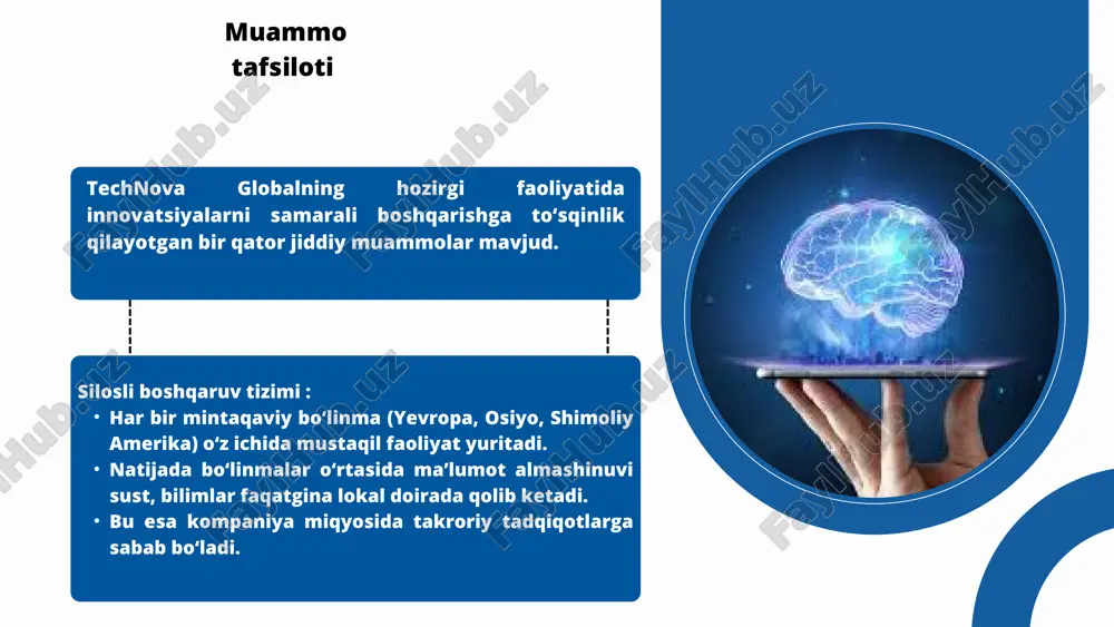 lobal miqyosda joriy etish muvofiqlashtirish mexanizmlari vr va metaverse uchrashuvlar: virtual muhitda xalqaro hamkorlik jamoaviy “brainstorming” va loyihalarni taqdim etish masofadan turib ham “real” hamkorlikni his qilish 06 best practice sharing asosiy g‘oya: bir hududda muvaffaqiyatli bo‘lgan innovatsiyani boshqa bozor sharoitiga moslashtirish. afzalliklari: takroriy tadqiqot xarajatlari kamayadi innovatsiyalar tezroq yoyiladi mahalliy ehtiyojlar hisobga olinadi misol: yevropadagi “energiya tejovchi model” → osiyo uchun arzonroq variant ishlab chiqish time-to-market (ttm): yangi mahsulotni bozorga chiqarish tezligi → innovatsiya aylanishining samaradorligini ko‘rsatadi. patentlar soni va sifati: yaratilgan texnologiyalarni huquqiy himoya qilish va ularning bozordagi qiymati. innovation roi: innovatsiyaga sarflangan mablag‘ning qaytishi, iqtisodiy samaradorlik darajasi. kpi global adaptation rate: “mahsulotimiz qanchalik tez va ko‘p hududlarda qabul qilinsa, innovatsiya aylanishi shunchalik samarali bo‘ladi.” collaboration index: “bu ko‘rsatkich bo‘linmalarimiz haqiqatan ham hamkorlikda ishlayotganini o‘lchaydi.” employee innovation index: “har bir xodim g‘oya kiritish jarayonida qatnashsa, kompaniyada innovatsion madaniyat mustahkamlanadi.” sustainability impact: “innovatsiya nafaqat foyda, balki ekologiya va jamiyat …