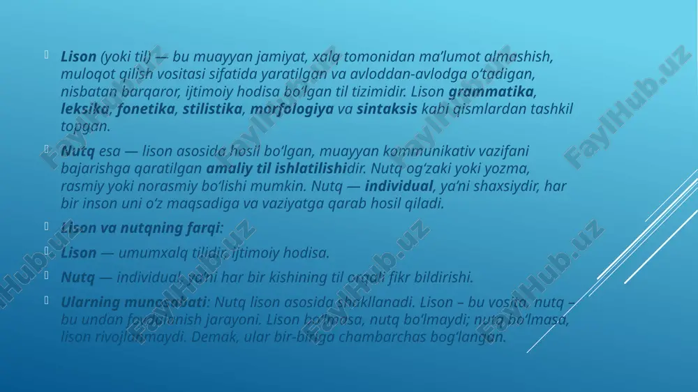 ‘liq stilistik me’yorlar – uslubga muvofiqlik. masalan: ilmiy matnda “ko‘rmoq” o‘rniga “kuzatmoq” ishlatilishi imlo va punktuatsiya me’yorlari – yozma nutqdagi to‘g‘rilik va ifoda aniqligini ta’minlovchi qoidalar. lison, nutq va me’yor o‘rtasidagi o‘zaro munosabat tilshunoslikdagi muhim tushunchalardan biridir. lison – til tizimi sifatida nutq uchun asos bo‘lib xizmat qiladi, nutq esa lisonning amalda qo‘llanilishidir. me’yor esa bu ikki hodisa o‘rtasida tartib va uyg‘unlikni saqlovchi muhim mezondir. ayniqsa, hozirgi o‘zbek adabiy tilida ushbu birliklarning uyg‘unligi til madaniyatining yuksak darajada bo‘lishini ta’minlaydi. til me’yorlariga amal qilgan holda, lisoniy birliklardan maqsadga muvofiq foydalanish – jamiyatda to‘g‘ri, tushunarli va samarali muloqot o‘rnatishning asosiy omilidir. shu bois bu tushunchalarni chuqur o‘rganish va amaliyotda to‘g‘ri qo‘llash har bir til egasining asosiy burchidir. e’tiboringiz uchun rahmat! /docprops/thumbnail.jpeg