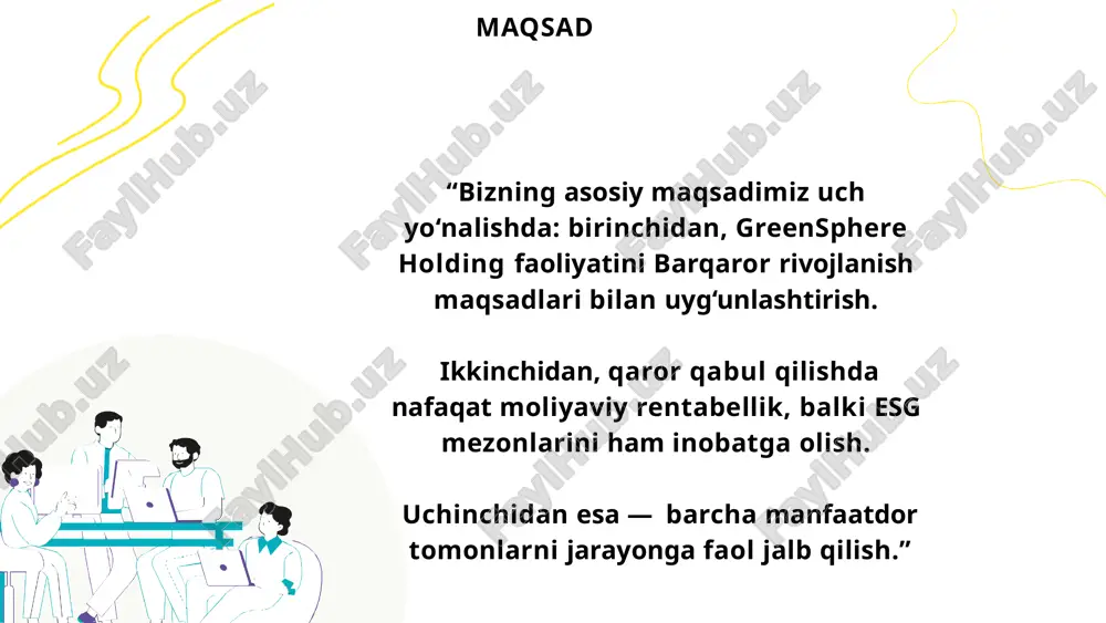 zlar: mijozlarga “green label” va barqaror mahsulotlar taklif etamiz. bu ularni ekologik ongli xarid qilishga rag‘batlantiradi. xodimlar: ichki madaniyatni mustahkamlash uchun green challenge va treninglar o‘tkazamiz. natijada xodimlar ham jarayonning faol ishtirokchisiga aylanadi. jamoa: mahalliy jamoalar bilan ijtimoiy loyihalar va hamkorlik tashabbuslarini amalga oshiramiz. bu kompaniya imidjini kuchaytiradi. bu modelda qaror qabul qilishda nafaqat moliyaviy ko‘rsatkichlar, balki ekologik, ijtimoiy va boshqaruv omillari ham hisobga olinadi. triple bottom line yondashuvi orqali kompaniya nafaqat foyda, balki odamlar va sayyora manfaatini ham ko‘zlaydi. har bir loyiha investorlar uchun rentabellikni, jamoa uchun esa barqarorlikni ta’minlashi kerak. esg qaror qabul qilish modeli kutilayotgan natijalar yashil innovatsiyalarni tezlashtirish investor ishonchini oshirish esg reytinglari yaxshilanishi jamiyat va atrof-muhit uchun ijobiy ta’sir natijada greensphere yashil texnologiyalarni tezroq joriy etadi, bu esa kompaniyani bozor raqobatida ustun qiladi. investorlar uchun shaffof esg yondashuv ishonchni kuchaytiradi va kapital oqimini oshiradi. esg reytinglarining yaxshilanishi esa xalqaro darajadagi nufuzni oshiradi. eng muhimi, jamiyat …