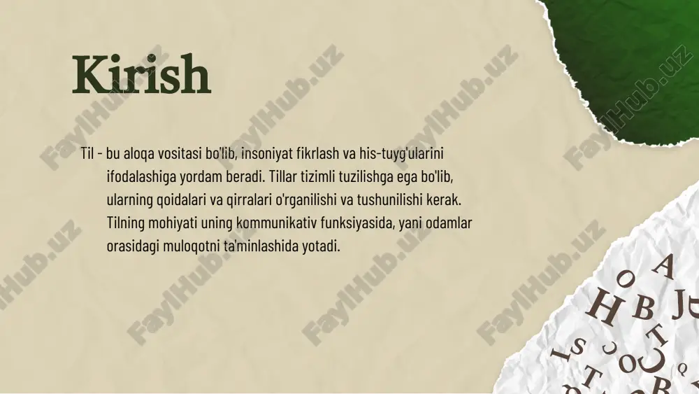 tsiya va identifikatsiya vositasi sifatida xizmat qiladi. u xalqning birligini ta'minlaydi va madaniy aloqalarni mustahkamlashga yordam beradi. til va kommunikatsiyaning ahamiyati til insonlar o'rtasida kommunikatsiyani ta'minlaydi. u fikrlarni, his-tuyg'ularni va ma'lumotlarni almashish imkonini beradi. til orqali ijtimoiy munosabatlar rivojlanadi va madaniyatlar o'zaro ta'sir qiladi. tilshunoslikning ijtimoiy ahamiyati tilshunoslik tilning ijtimoiy ahamiyatini o'rganadi. til odamlar o'rtasida aloqa qiladi, madaniyatni shakllantiradi va jamiyatni birlashtiradi. tilshunoslik, shuningdek, jamiyatdagi ijtimoiy o'zgarishlarni tushunishga yordam beradi. sintaktik tuzilmalar asoslari sintaktik tuzilmalar til tizimining asosiy elementlaridan biridir. ular so'zlarning bir-biriga aloqasini va jumla tuzilishini belgilaydi. misol uchun, jumladagi so'zlar o'zaro qanday bog'lanishi va bir-biri bilan qanday munosabatda bo'lishi sintaktik qoidalar yordamida aniqlanadi. bu esa tilning mantiqiy strukturasi va tushunilishiga ta'sir qiladi. saratov tillari sintaksisi saratov tillari sintaksisi, jumlalarning tuzilishi va sintaktik qoidalari bilan bog'liq. bu tillarda gaplarning qanday yaratilib, bir-biri bilan qanday o'zaro munosabatda bo'lishi o'rganiladi. masalan, bu tillarda so'zlar o'rtasidagi tartib va ularning sintaktik roli muhim …