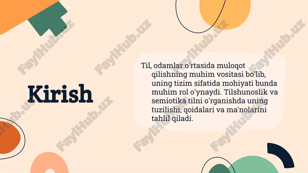 lan shug'ullanadi. u til, tasvir va boshqa belgilar tizimlariga e'tibor qaratadi. semiologik yondashuv, tilni yanada chuqurroq tushunishga yordam beradi. til va belgilar bir-biri bilan chambarchas bog'liqdir. til, kommunikatsiyaning asosi bo'lib, belgilar orqali ma'lumot uzatadi. bu jarayonlar odamlarning fikr va hissiyotlarini ifodalashga imkon beradi. tilshunoslik va semiotika bir-birini to'ldiradi. tilshunoslik, til tizimining ichki strukturasini ko'rsatadi, semiotika esa belgilar tushunilishini o'rganadi. birga, ular tilni va uning mazmunini yanada chuqurroq tahlil qilishni ta'minlaydi. 03 02 04 01 til tizimining struktura va tarkibi til tizimi struktura va tarkibdan iborat bo'lib, u tillarning o'zaro bog'liqligini aniqlaydi. har bir til biriktirilgan belgi va qoidalar to'plami orqali ifodalanadi. bu belgilarning bir-biriga nisbatan o'zaro aloqasi semiotikaning asosiy tamoyillaridan biridir. semiotik belgilar va ularning tahlili semiotik belgilar tilning asosiy qismlaridan biridir. ular ma'lumotni uzatishda va tushunishda muhim rol o'ynaydi. belgilarni tahlil qilish orqali tilning strukturasini va mazmunini yaxshiroq anglash mumkin. til va madaniyat o'rtasidagi munosabat til madaniyatning muhim qismidir. …