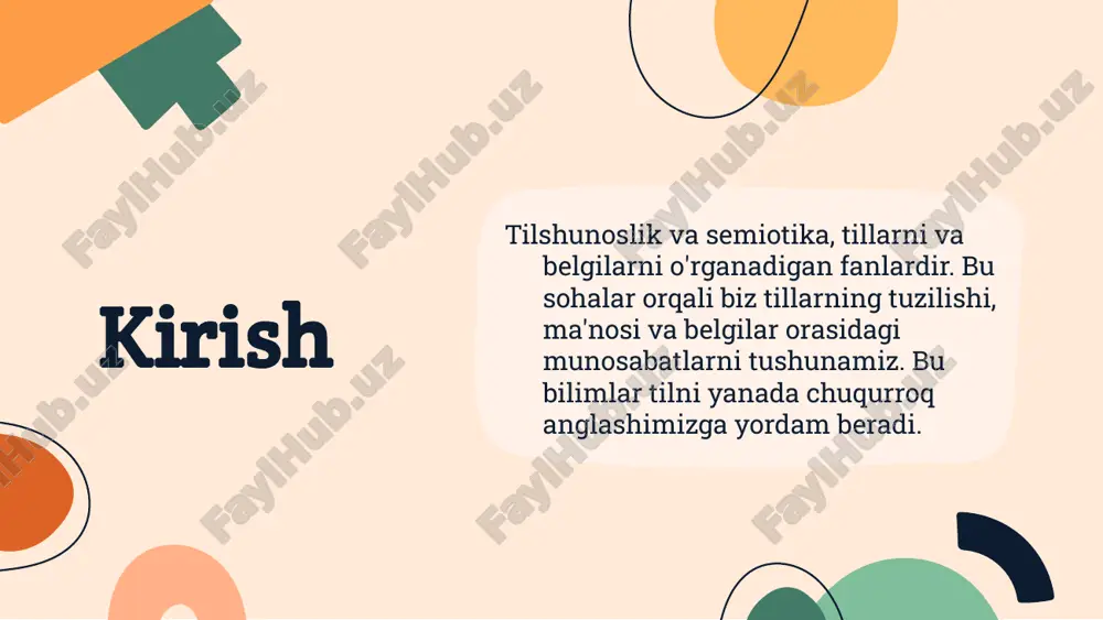 rce esa belgilarning mantiqiy aloqalarini tahlil qiladi. til strukturalari belgilarning ma'nolari va qanday ishlashini belgilaydi. har bir til alohida semiotik tizim sifatida qaraladi. semiotika misollar orqali tushunarli bo'ladi. masalan, til orqali ifodalangan madaniy almashuv semiotik jarayonlarning bir qismidir. 03 02 04 01 til o'zgarishlari va semiotik ta'sirlar til o'zgarishlari semiotik ta'sirlar bilan chuqur bog'liq. semiotika tilning ma'nolari va belgilarini o'rganadi va bu o'zgarishlar madaniyat va ijtimoiy hayot jarayonlarini aks ettiradi. shunday qilib, til va semiotika bir-birini to'ldiradi. madaniyat va belgilar tizimlari madaniyat va belgilar tizimlari o'rtasidagi aloqalar tilshunoslikda muhim ahamiyatga ega. har bir madaniyat o'ziga xos belgilar tizimiga ega bo'lib, bu belgilar til orqali ifodalanadi. til va madaniyat o'rtasida o'zaro ta'sir mavjud bo'lib, bu tillarning o'zgarishiga olib keladi. til va ma'no yaratish jarayonlari til va ma'no yaratish jarayonlari semiotikaning asosiy yo'nalishlaridan biridir. bu jarayonlar orqali odamlar o'z fikrlarini va his-tuyg'ularini ifodalaydilar. til belgilar orqali ma'no hosil qiladi. masalan, so'zlar va …