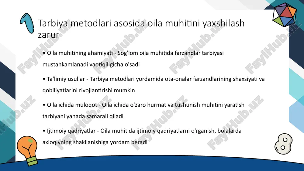 o'qish odatini shakllantirish zarur • o'qishning foydalari - kitob o'qish bolalarda tasavvur doirasini kengaytiradi va ular uchun yangi bilimlar manbai bo'ladi • til rivojlanishi - o'qish orqali bolalar nutqini rivojlantiradi va yangi so'zlar o'rganadi • emotsional taraqqiyot - kitoblar bolalarda emotsional his-tuyg'ularni rivojlantirishda yordam beradi • mantiqiy fikrlash - o'qish orqali bolalarning mantiqiy fikrlash qobiliyati oshadi va muammolarni hal qilishda yordam beradi tarbiya jarayonida sabr-toqatni rivojlantirish muhimdir • sabr va toqatning ahamiyati - sabr va toqat tarbiyalash jarayonining muhim elementlaridandir ularning rivojlanishi insonni ma'naviy jihatdan boyitadi • ta'limdagi sabr - ta'lim jarayonida sabrni rivojlantirish talabalar uchun muhimdir bu ularga murakkab vaziyatlarni yengish imkonini beradi bolalarga o'z fikrlarini ifoda etish imkoniyatini berish lozim • bola fikrining ahamiyati - bola fikrlari ularning shaxsiyati va fikrlash tarzini rivojlantirishga yordam beradi • o'z fikrlarini ifoda etish - farzandlar o'z fikrlarini ifoda etish orqali o'zini anglashni va mustaqil fikrlashni o'rganadilar • o'quv jarayonida ishtirok - …