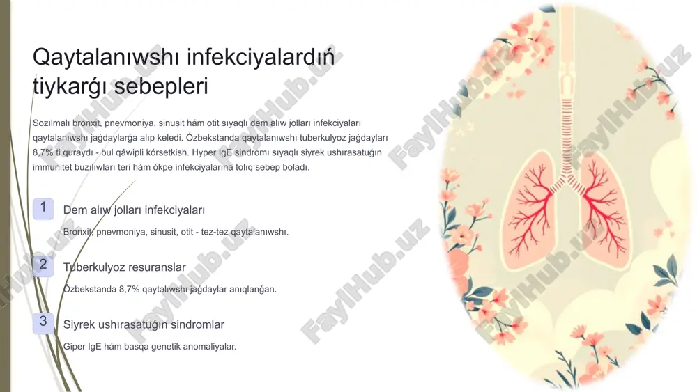 de júzege keletuģın túrler. áhmiyetli sanaat: dúnya boyınsha 300 den aslam birlemshi immunitet jetispewshiligi túri anıqlanǵan bolıp, hár jılı jańa túrler ashılmaqta. shet mámleketlerdiń medicinalıq statistikasına qaraǵanda, 1200-2000 adamnan birewi qanday da bir túrdegi immunitet jetispewshiligine duwshar boladı. 6 birlemshi immunitet jetispewshiligi: genetikalıq sebepleri. birlemshi immunitet jetispewshiligi kópshilik jaǵdaylarda ata-anadan ótetuǵin genetikalıq ózgerisler sebepli kelip shiǵadı. bul ápiwayı "quwanısh" emes - bul anıq, biroksi quramalı molekulyar biologiya sebebi menen baylanısqan awır kesellik. genetikalıq ózgerisler mexanizmi immunitet sistemasın basqarıwshı genlerdiń mutaciyaları b hám t kletkalardıń rawajlanıwın buzadı. bul kletkalar infekciyalardı tanıw hám joq yetiwdiń tiykarǵı "áskerleri" bolıp, olar bolmasa infekciyalar yerkin ótip ketedi. cvid (common variable immune deficiency) - eń kóp tarqalǵan immunitet jetispewshiligi túri. nawqaslarda antitelalar (immunoglobulinler) jetisip turadı, sonıń ushın organizmdi infekciyalarǵa qarsı qorǵay almaytuǵın. genetikalıq-testler járdeminde ayırım jaǵdaylarda anıq diagnoz qoyıw hám jeke yemlew baǵdarın belgilew múmkin. molekulyar laboratoriyada dnk analizi ótkeriledi. 7 qaytalanıwshı infekciyalar hám immunitet jetispewshiligi …
