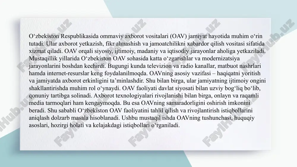 at yuritmoqda. televizion kanallar sifatli va keng qamrovli dasturlar ishlab chiqadi, aholiga yangiliklar yetkazadi, radio esa eshituvchilarni tezkor axborot bilan ta’minlaydi va ijtimoiy hayotga oid dasturlarni efirga uzatadi. matbuot nashrlari, ya’ni gazeta va jurnallar, tahliliy maqolalar va tadqiqotlar orqali o‘quvchilarni tanishtiradi, onlayn va raqamli platformalar esa interaktiv xizmatlarni kengaytirib, foydalanuvchilarga tezkor axborot yetkazadi. shu bilan birga, oavning texnologik bazasi rivojlanmoqda va raqamli imkoniyatlar kengaymoqda, bu esa jamiyatni axborot bilan ta’minlashni yanada samarali qiladi. 1.oavning asosiy vazifasi aholiga ishonchli va tezkor axborot yetkazishdir. jurnalistlar haqiqatni yoritish, ijtimoiy muammolarni ochib berish va fikr almashishni ta’minlashda faol ishtirok etadi. 2.biroq axborot tarqatishda qonuniy va etik cheklovlar mavjud bo‘lib, ular faoliyatni tartibga soladi. ba’zi holatlarda senzura va nazorat mexanizmlari oavning ishini cheklashi mumkin, 3.ammo mustaqil jurnalistika va raqamli media rivojlanishi bilan bu cheklovlar asta-sekin kamaymoqda. shu tariqa, oav nafaqat axborot tarqatadi, balki jamiyatning nazorat mexanizmi sifatida ham xizmat qiladi. oav jamiyatning ijtimoiy ongini shakllantirishda …