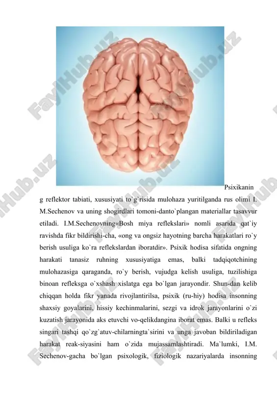 psixik jihatdan boshqarilishi ta`li-motini xaspo`shlab berdi. bu ilg`or g`oya, muhim ta`limot, nazariya rus olimi i.p.pavlov (1849—1936) tomonidan eksperimental tasdiq-landi va xususiy holatlarda keng ko`lamda yaqqollashtirildi. i.p. pavlov ham odamlarning, ham hayvonlarning tashqi muhit bilan o`zaro harakati miya bilan boshqarilishi qonuniyatini ochgan edi. uning mazkur qonuniyatlarga taalluqli qarashlari yig`indisi bi-rinchi va ikkinchi signallar tizimi to`g`risidagi ta`limot tariqasi-da fan olamida arzigulik mavqe egalladi. tevarak-atrof muhitidagi narsa va hodisalarning ko`rinishi, eshitilishi, hid tarqatishi, tovlanishi, yengil yoki og`irligi, qattiq yoki yumshoqligi kabilar hayvonlar uchun shartsiz qo`zgatuvchi signal bo`lib xizmat qiladi, keyinchalik ular shartli refleksga aylanishi mumkin. hayvonlar o`z xatti-harakatlarida, i.p. pavlovta`biri bilan aytganda, birinchi signal sistemasining signallari («birinchi signallar»)ga rioya etadilar. binobarin, ularning psixik faoliyati birinchi signallar sistemasi bosqichida amalga oshadi va unga uz-luksiz ravishda amal qiladi. inson faoliyati va xulq-atvori uchun ham birinchi signal sistemasining signallari (yaqqol, tasavvurlar, timsollar, obrazlar) ularni boshqarishi, yo`naltirishi, harakatlan-tirishi faollashtirishda muhim ahamiyat kasb etadi. masalan, yo`l (ko`cha) qoidalari, …