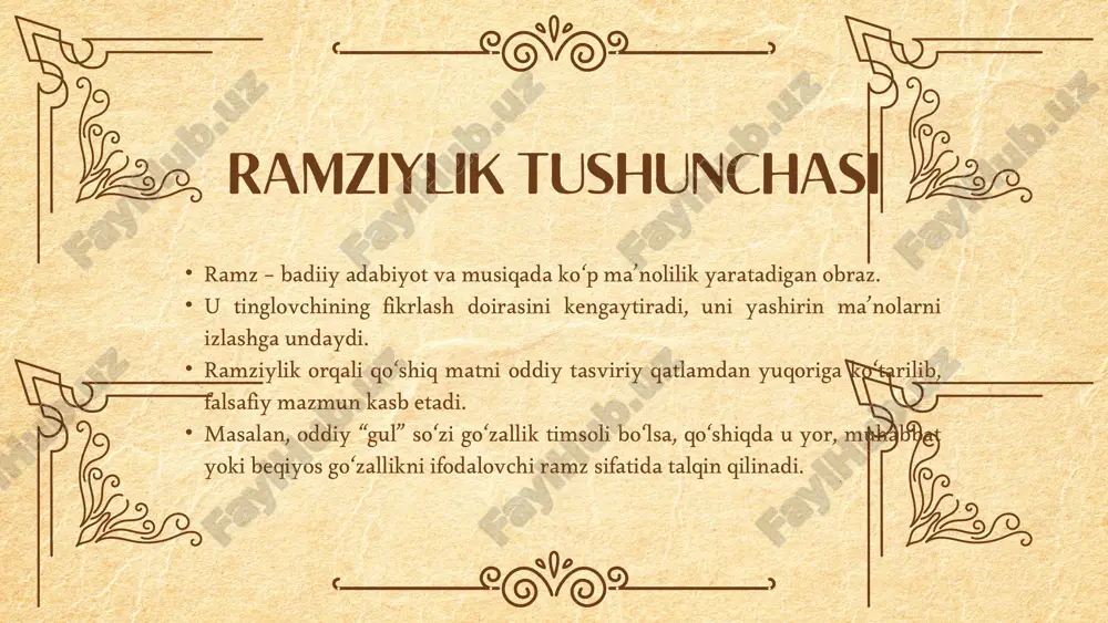 or ishtiyoqi va muhabbat qudrati mujassam. bu misollar shuni ko‘rsatadiki, ramz qo‘shiqning mazmunini chuqurlashtiradi va uni turli talqinlarga ochiq qiladi. xulosa lirik qo‘shiqlarda ramziylik poetikaning asosiy xususiyatlaridan biri hisoblanadi. ramzlar qo‘shiqni oddiy hissiy ifodadan falsafiy darajaga ko‘taradi, unga badiiy kuch va estetik joziba baxsh etadi. ramziylik orqali qo‘shiqlar milliylik va umuminsoniylikni uyg‘unlashtiradi, inson qalbining yashirin tuyg‘ularini ochib beradi. shuning uchun ham ramziylik lirik qo‘shiqlarni nafaqat badiiy-estetik jihatdan, balki madaniy va ma’naviy jihatdan ham qimmatli qiladi. u qo‘shiqlarni tinglovchi qalbida chuqur iz qoldiruvchi, o‘ziga xos badiiy hodisa sifatida namoyon bo‘ladi. e’tiboringiz uchun rahmat! image1.jpeg image2.png image3.svg image4.png image5.svg image6.png image7.svg image9.svg image8.png /docprops/thumbnail.jpeg