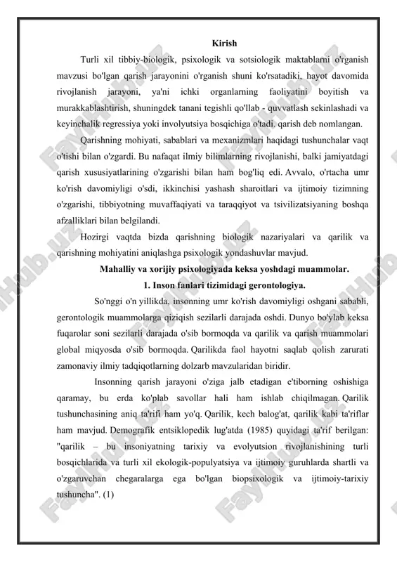 iy gerontologiyaning asoschisi taniqli rus olimi i. i. mechnikov hisoblanadi. gerontologiya zamonaviy ma'noda xx asr o'rtalarida shakllangan. gerontologiyaning vazifalaridan biri atrof-muhit omillari, turmush tarzi, mehnat, ijtimoiy aloqalar va munosabatlarning ta'siri bilan bog'liq qarish xususiyatlarini o'rganishdir. (1) hozirgi vaqtda gerontologiyadan tashqari – keksa odamlarning kasalliklarini o'rganadigan tibbiyot sohasi, ijtimoiy gerontologiyani ajratib turadi – gerontologiyaning hayot tarzining uning davomiyligiga ta'sirini o'rganadigan bo'limi. rivojlanish psixologiyasi muammolari bo'yicha adabiyotlarni tahlil qilish shuni ko'rsatdiki, qarilik tushunchasining ta'rifi "abadiy muammolar"qatoriga kiradi. qarilik nima deb hisoblanishi, uning birinchi namoyon bo'lishi, qarilik yoshi nima va uning chegaralari qanday ekanligi haqida munozaralar mavjud. (2) ushbu tushunchani aniqlashdagi asosiy qiyinchilik shundaki, qarish uzoq, silliq jarayon bo'lib, qarilikni o'rta yoshdan ajratib turadigan aniq chegara yo'q. umuman olganda, qarish-bu individual jarayon, ba'zi odamlarda u erta, boshqalarda keyinroq boshlanadi. turli yosh tasniflarini taqqoslash 45 yoshdan 70 yoshgacha bo'lgan qarilik chegaralarini aniqlashda juda xilma-xil rasmni beradi. keksalikning deyarli barcha yosh tasniflarida uning subperiodlarga differensiallanish …