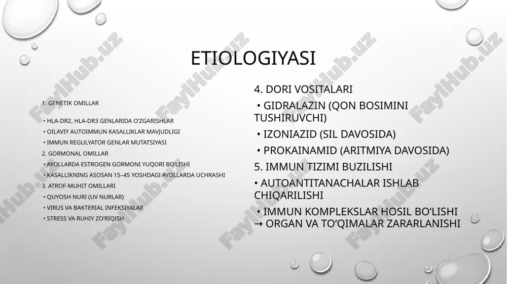 deksametazon kuchli yallig‘lanish va autoimmun jarayonni tezda nazorat qilish uchun asosiy dorilar. b) immunosupressiv dorila siklofosfamid • azatioprin • metotreksat • mikofenolat mofetil gormonal dorilar yetarli bo‘lmaganda yoki og‘ir holatlarda qo‘llaniladi (masalan, lupus nefriti). c) biologik terapiya (maqsadli davolash) • belimumab – b-limfotsitlarni faolligini kamaytiradi • rituksimab – immun tizimini chuqur bostiradi (og‘ir holatlarda) d) antimalaryal dorilar • gidroxloroxin (plaquenil) yoki xloroxin • teri toshmalari, artrit va fotosensitivlikni kamaytiradi • kasallikning yengil va o‘rta shakllarida asosiy dori hisoblanadi e) plazmaferez • qonda to‘plangan autoantitanachalar va immun komplekslarni tozalash usuli • og‘ir va dori bilan nazorat qilinmaydigan holatlarda qo‘llaniladi profilaktika 1. birlamchi profilaktika (kasallikni oldini olish) lupus rivojlanish xavfini kamaytirish uchun. • quyosh nurlaridan himoyalanish (spf 50+ krem ishlatish, soyabon yoki bosh kiyim kiyish) • infeksiyalarni vaqtida davolash va oldini olish • surunkali stressni kamaytirish, ruhiy barqarorlikni saqlash • dori vositalarini faqat shifokor nazorati ostida qabul qilish • sog‘lom turmush tarzi: …
