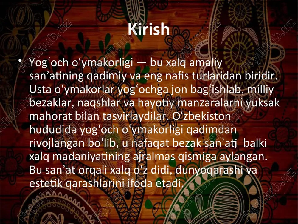-odatlari, qadriyatlari bilan chambarchas bog‘lanib kelmoqda. bugungi kunda yog‘och o‘ymakorligi nafaqat milliy an’ana sifatida, balki o‘zbekistonning jahon madaniy merosidagi o‘rni va obro‘sini mustahkamlovchi san’at turi sifatida e’tirof etilmoqda. uning saqlanishi va rivoji milliy madaniyatni asrash yo‘lidagi muhim vazifadir. e’tiboringiz uchun rahmat image1.png image2.jpeg image3.jpeg image4.png image5.png image6.png image7.png image8.png /docprops/thumbnail.jpeg