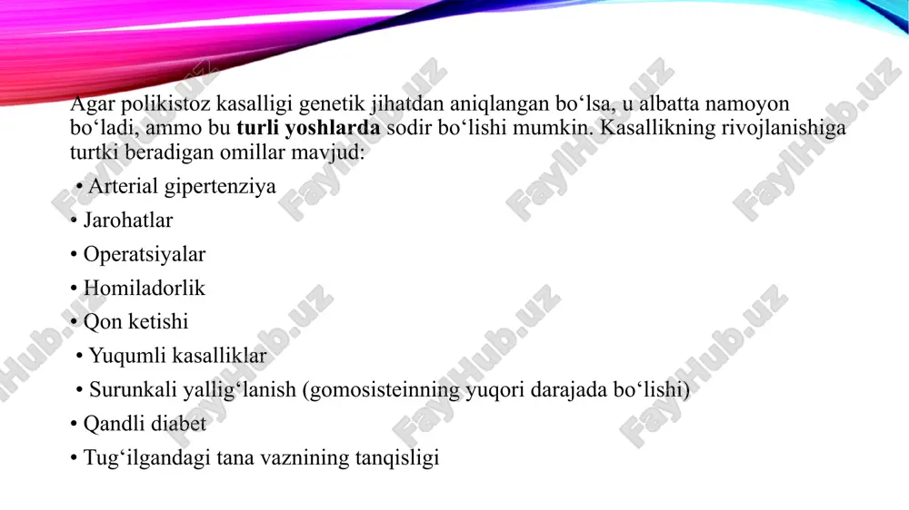liq belgilari • og‘riq va diskomfort 60 -90% • buyrak toshlari 20% • arterial gipertenziya 50-70% • kistalarga qon ketish 20% • kistalar infitsirlanishi • gematuriya (ko‘pincha makro) 40% • buyrak funktsiyasining pasayishi/t- sbye • nefromegaliya 100% buyraklar polikistoz kasalligining uchta klinik bosqichi mavjud: kompensatsiya dekompensatsiya subkompensatsiya diagnostika shikoyatlarni va anamnezni yig‘ish nefrolog / urolog ko‘rigi instrumental tadqiqotlar laboratoriya tahlillari tashxisni aniqlashtirish uchun instrumental tadqiqot usullari qo‘llaniladi: ✓ buyraklarning ultratovush tekshiruvi ✓ buyraklarning mrtva kt ✓ ekskretor urografiya ✓ buyrak nefrosintigrafiyasi ✓ buyrak arteriyalarining angiografiyasi laboratoriya tekshiruvlari buyraklarning funktsional darajasini va siydik yo‘llarida yallig‘lanish jarayonining mavjudligini aniqlashga imkon beradi. bpni davolash arterial gipertenziya, siydik pufagi va buyrak infektsiyalari, og‘riq sindromini davolash va gematuriya, jigar faoliyatining buzilishi, miya anevrizmasi va sbk kabi kasallikning boshqa belgilarini bartaraf etishdan iborat. antigipertenziv dorilar buyrak qon oqimini yomonlashtirmaydigan vositalarga yangi avlod kaltsiy antagonistlari (amlodipin, felodipin), dopegit (metildofa), furosemid, aaf inhibitorlari (enalapril, ramipril, lisinopril), angiotensin ii …