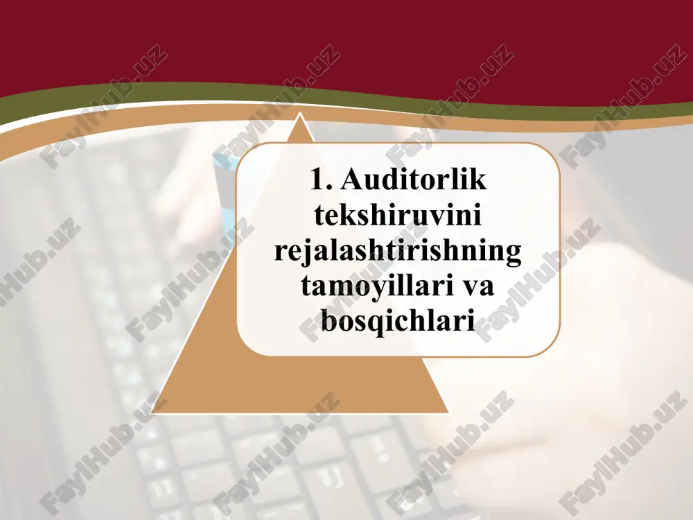 orxonani tekshirish uchun auditorlik ishchi guruhini shakllantirish hamda yakunda auditorlik shartnomasini rasmiylashtirish jarayonidir auditor uchun dastlabki rejalashtirish jarayonida quyidagilar xo’jalik yurituvchi sub’ekt to’g’risida axborot olish manbalari bo’lib hisoblanadi xo’jalik yurituvchi sub’ekt ustavi, xo’jalik yurituvchi sub’ektni ro’yxatga olish to’g’risidagi hujjatlar, xo’jalik yurituvchi sub’ektning hisob siyosatini va unga o’zgartirishlar kiritishni tartibga soluvchi hujjatlar xo’jalik yurituvchi sub’ektni ro’yxatga olish to’g’risidagi hujjatlar, kuzatuv va (yoki) ijroiya organlari aktsiyadorlar yig’ilishlarining yoxud xo’jalik yurituvchi sub’ektning boshqa shu singari boshqaruv organlari majlislari bayonnomalari, buxgalteriya hisobotlari statistika hisobotlari, xo’jalik yurituvchi sub’ektning shartnomalari va bitimlari, auditor maslahatchilarining ichki hisobotlari, korxonaning filiallari va shu’ba jamiyatlari ro’yxati, xo’jalik yurituvchi sub’ektning ishlab chiqarish va tashkiliy tuzilishlarini tartibga soladigan hujjatlar, uning filiallari va shu’ba jamiyatlari ro’yxati, auditorlik tashkiloti mutaxassislari malaka darajasi bo’yicha ma’lumotlar. dastlabki rejalashtirish auditorlik tashkiloti uchun o’z tekshirish salohiyatini tekshiruv boshlanmansdan avval baholash imkoniyatini beradi va auditorlik shartnomasi shartlarini korxona rahbariyati bilan kelishib oladi. agar auditorlik tashkiloti auditni o’tkazishni mumkin deb …