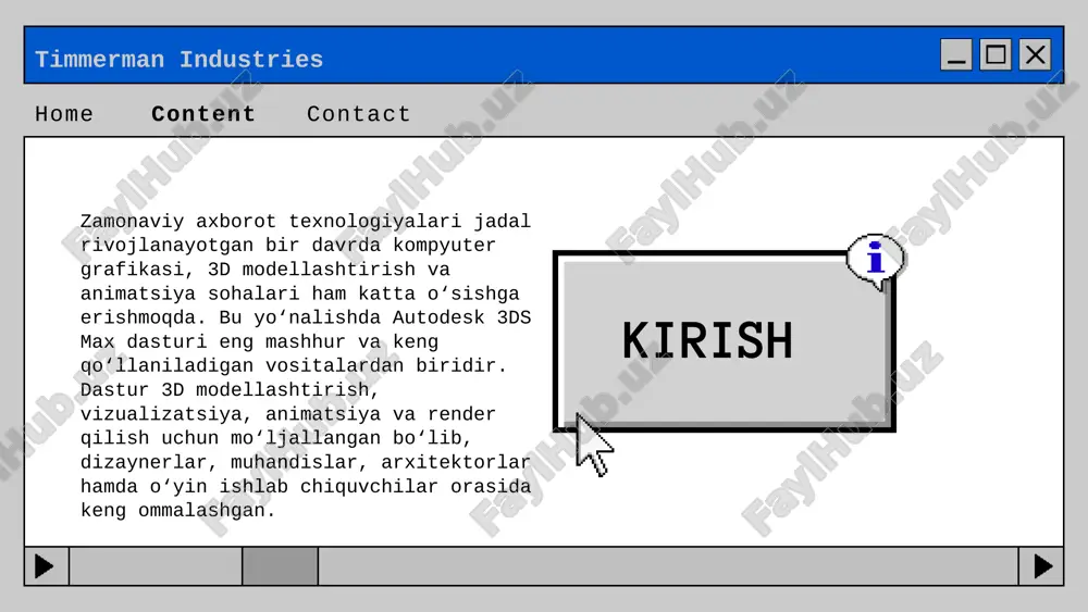 vatlovi – qo‘shimcha modullar orqali imkoniyatlarni kengaytirish; interaktiv vizualizatsiya – real vaqt rejimida sahnani kuzatish. 3ds max dasturi uchun tizim talablari 3ds max dasturi grafik jihatdan kuchli vosita bo‘lganligi sababli, u samarali ishlashi uchun kompyuterning texnik xususiyatlari muhim ahamiyatga ega. timmerman industries home content contact minimal tizim talablari: operatsion tizim: windows 10 (64-bit) yoki undan yangiroq; protsessor (cpu): 64-bit intel yoki amd, sse4.2 qo‘llab-quvvatlovchi; operativ xotira (ram): kamida 8 gb; grafik karta (gpu): directx 12 yoki opengl 4.5 ni qo‘llab-quvvatlaydigan video karta; diskdagi bo‘sh joy: kamida 9 gb; ekran o‘lchami: 1920x1080 yoki undan yuqori. timmerman industries home content contact tavsiya etilgan tizim talablari: protsessor: intel core i7 yoki amd ryzen 7 va undan yuqori; ram: 32 gb va undan ko‘p; grafik karta: nvidia rtx yoki amd radeon pro seriyalari (6 gb vram yoki ko‘proq); ssd disk: dastur va fayllar bilan ishlash tezligini oshiradi; operatsion tizim: windows 11 professional (64-bit). timmerman …