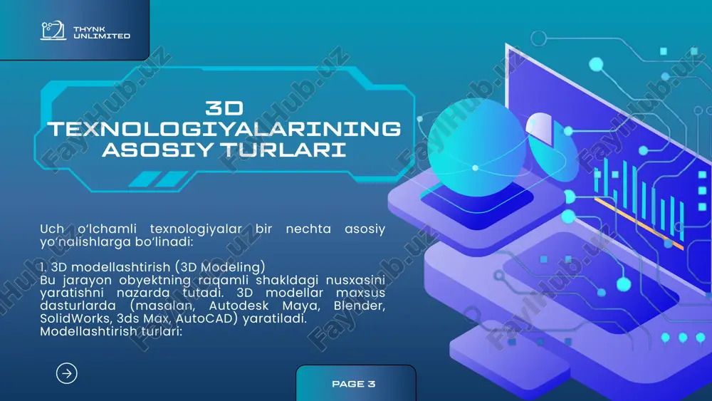 zirda 3d printerlar yordamida uylar qurish texnologiyasi ham rivojlanmoqda. ta’lim sohasida ta’lim tizimida 3d texnologiyalar orqali o‘quv jarayonini yanada interaktiv va samarali qilish mumkin. masalan, biologiyada inson anatomiyasini 3d modellar orqali o‘rganish o‘quvchiga chuqurroq tushuncha beradi. fizika, kimyo va geografiya fanlarida ham 3d simulyatsiyalar samarali natija beradi. thynk unlimited page 11 kino va o‘yin sanoatida ko‘plab mashhur filmlar (masalan, avatar, jurassic park, the avengers) 3d animatsiya yordamida yaratilgan. o‘yin industriyasida esa 3d grafika orqali real muhitga o‘xshash sahnalar hosil qilinadi. harbiy va kosmik sohalarda 3d texnologiyalar yordamida yangi harbiy texnika modellari, uchuvchisiz apparatlar (dronlar), kosmik qurilmalar va simulyatorlar yaratiladi. bu xavfsizlik va aniqlikni oshiradi. thynk unlimited page 12 3d texnologiyalarining afzalliklari loyihalash aniqligini oshiradi; mahsulot yaratish tezligini oshiradi; resurslardan tejamkor foydalanish imkonini beradi; vizual tahlil qilish imkonini beradi; innovatsion ishlab chiqarishni rivojlantiradi; ta’limda tushunishni osonlashtiradi; ijodkorlik va dizayn salohiyatini kengaytiradi. 3d texnologiyalarning istiqbollari thynk unlimited page 13 kelajakda 3d texnologiyalar …