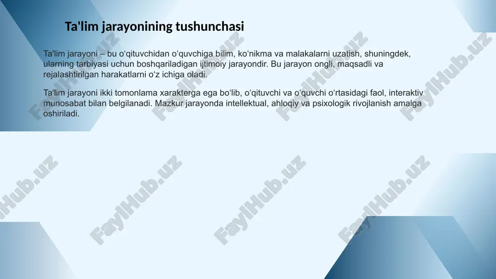qiziqishlarini o‘rganish, ularga mos metodlarni tanlash zarur. o‘quvchilarga individual konsultatsiya va maslahatlar orqali bilimlarni mustahkamlash va rivojlantirish imkoniyati yaratiladi. zamonaviy ta'lim texnologiyalari innovatsion yondashuvlar axborot-kommunikatsiya texnologiyalaridan faol foydalanish, masofaviy va interaktiv o‘qitishning ahamiyati ortib bormoqda. multimedia resurslari ta’limda multimedia materiallari, video darslar, onlayn platformalar ta’lim samaradorligini oshiradi. ta'lim jarayonining zamonaviy muammolari ko‘plab maktablarda zamonaviy o‘quv vositalari va texnologiyalar yetarli emas. bu holat o‘quvchilarning yanada samarali bilim olishiga to‘sqinlik qiladi. yangi texnologiyalar va pedagogik metodlarni o‘zlashtirish, zamonaviy o‘quv dasturlarini joriy qilishda baʼzi o‘qituvchilar bilim va malakalarini takomillashtirishda qiynalishadi. tarbiya va taʼlimga bo‘lgan doimiy motivatsiyani shakllantirish, o‘quvchilar uchun faol va qiziqarli muhit yaratish lozim. jamiyatdagi o‘zgarishlar, iqtisodiy qiyinchiliklar va axborot oqimi ta’lim tizimiga ta’sir ko‘rsatmoqda. global texnologik rivojlanish va pandemiya kabi yangi muammolar ta’lim sohasidan moslashuvchan va innovatsion yondashuvlarni talab qilmoqda. image1.jpg image2.jpg image3.jpg image4.png image5.png image6.png basic rgb rm347 /docprops/thumbnail.jpeg