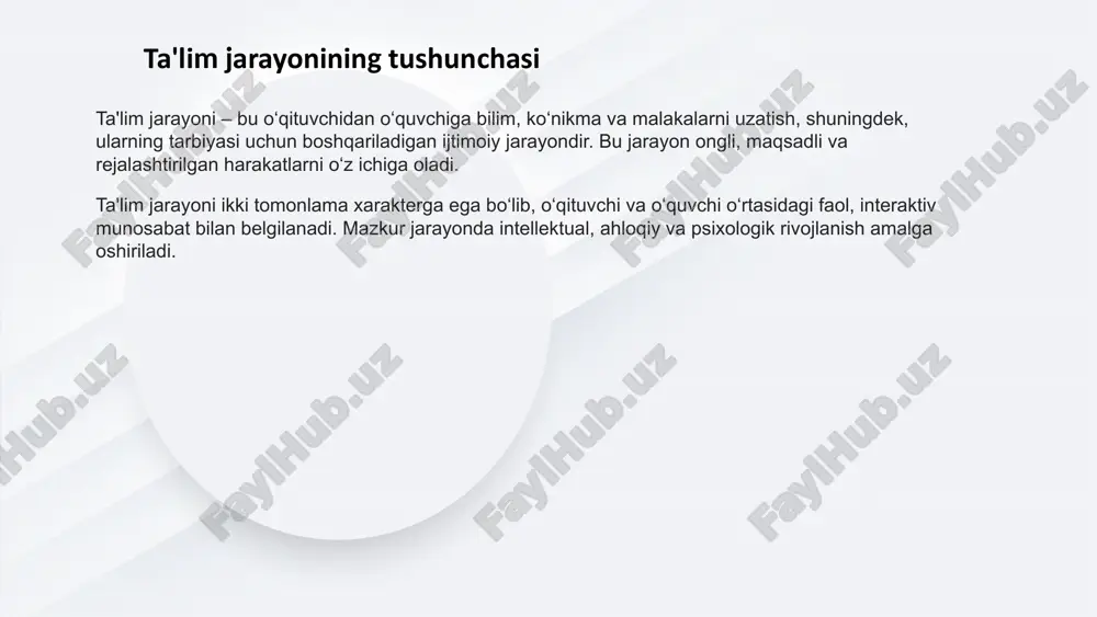 qiziqishlarini o‘rganish, ularga mos metodlarni tanlash zarur. o‘quvchilarga individual konsultatsiya va maslahatlar orqali bilimlarni mustahkamlash va rivojlantirish imkoniyati yaratiladi. zamonaviy ta'lim texnologiyalari innovatsion yondashuvlar axborot-kommunikatsiya texnologiyalaridan faol foydalanish, masofaviy va interaktiv o‘qitishning ahamiyati ortib bormoqda. multimedia resurslari ta’limda multimedia materiallari, video darslar, onlayn platformalar ta’lim samaradorligini oshiradi. ta'lim jarayonining zamonaviy muammolari ko‘plab maktablarda zamonaviy o‘quv vositalari va texnologiyalar yetarli emas. bu holat o‘quvchilarning yanada samarali bilim olishiga to‘sqinlik qiladi. yangi texnologiyalar va pedagogik metodlarni o‘zlashtirish, zamonaviy o‘quv dasturlarini joriy qilishda baʼzi o‘qituvchilar bilim va malakalarini takomillashtirishda qiynalishadi. tarbiya va taʼlimga bo‘lgan doimiy motivatsiyani shakllantirish, o‘quvchilar uchun faol va qiziqarli muhit yaratish lozim. jamiyatdagi o‘zgarishlar, iqtisodiy qiyinchiliklar va axborot oqimi ta’lim tizimiga ta’sir ko‘rsatmoqda. global texnologik rivojlanish va pandemiya kabi yangi muammolar ta’lim sohasidan moslashuvchan va innovatsion yondashuvlarni talab qilmoqda. image1.jpg image2.jpg image3.jpg image4.png image5.png image6.png neumorphic round shape design on empty white banner basic rgb minimalist white background with neumorphic …
