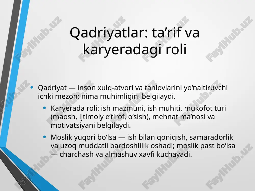 onlarni baholash qiziqish testlari: riasec, strengthsfinderga o‘xshash kuchli tomonlar ro‘yxati, savolliklar. portfolioni tahlil: bajarilgan loyihalar, tadbirlar, volontyorlik; ularning qaysi qadriyatlarni aks ettirganini yozing. 360° fikr-mulohaza: ustoz, hamkurs, do‘stdan 3 ta kuchli tomon va 1 ta rivojlanish nuqtasini so‘rang. baholash natijalarini cv va motivatsion xatga bog‘lash. karyera qarori: strukturali model muammoni aniqlash: "qaysi yo‘nalish mening qadriyatlarimga ko‘proq mos?" variantlar ro‘yxati: kamida 3–4 yo‘nalish. mezonlar: qadriyatlar mosligi, bozor talabi, ta’lim xarajatlari, vaqt, geografiya, o‘sish. baholash va tanlov: har bir variantni 1–5 ball bilan baholash; eng yuqori jami ball — asosiy tanlov, 2-o‘rin — zaxira. aks ettirish va reja: 3–6 oylik amaliy qadamlar, ko‘nikmalar bo‘yicha “learning plan” decide yoki smart qaror doiralari qo‘llanadi. mahalliy kontekst: mehnat bozori va tendensiyalar raqamli ko‘nikmalar talabi ortib bormoqda: data, dasturlash asoslari, ofis ilovalari, axborot xavfsizligi. ijtimoiy sohalarda (ta’lim, sog‘liq, psixologik xizmat) sifatli mutaxassislarga ehtiyoj yuqori. sanoatda avtomatlashtirish, muhandislik va texnik xizmat ko‘rsatish yo‘nalishlari dolzarb. tadbirkorlik va frilans …
