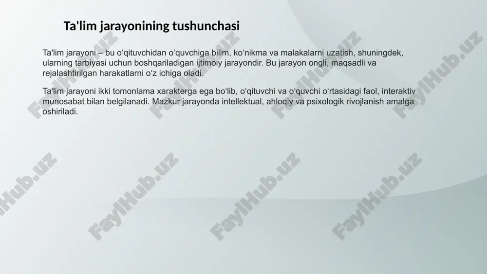 qiziqishlarini o‘rganish, ularga mos metodlarni tanlash zarur. o‘quvchilarga individual konsultatsiya va maslahatlar orqali bilimlarni mustahkamlash va rivojlantirish imkoniyati yaratiladi. zamonaviy ta'lim texnologiyalari innovatsion yondashuvlar axborot-kommunikatsiya texnologiyalaridan faol foydalanish, masofaviy va interaktiv o‘qitishning ahamiyati ortib bormoqda. multimedia resurslari ta’limda multimedia materiallari, video darslar, onlayn platformalar ta’lim samaradorligini oshiradi. ta'lim jarayonining zamonaviy muammolari ko‘plab maktablarda zamonaviy o‘quv vositalari va texnologiyalar yetarli emas. bu holat o‘quvchilarning yanada samarali bilim olishiga to‘sqinlik qiladi. yangi texnologiyalar va pedagogik metodlarni o‘zlashtirish, zamonaviy o‘quv dasturlarini joriy qilishda baʼzi o‘qituvchilar bilim va malakalarini takomillashtirishda qiynalishadi. tarbiya va taʼlimga bo‘lgan doimiy motivatsiyani shakllantirish, o‘quvchilar uchun faol va qiziqarli muhit yaratish lozim. jamiyatdagi o‘zgarishlar, iqtisodiy qiyinchiliklar va axborot oqimi ta’lim tizimiga ta’sir ko‘rsatmoqda. global texnologik rivojlanish va pandemiya kabi yangi muammolar ta’lim sohasidan moslashuvchan va innovatsion yondashuvlarni talab qilmoqda. image1.jpg image2.jpg image3.jpg image4.png image5.png image6.png web basic rgb white gradient background abstract modern design /docprops/thumbnail.jpeg