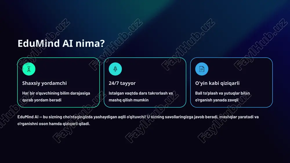 r uchun foydali? 1-sinf o'quvchilari matematika, o'qish, yozish va tabiatshunoslikni qiziqarli tarzda o'rganish o'qituvchilar har bir o'quvchining rivojlanishini kuzatish va qo'shimcha yordam berish ota-onalar bolaning o'qishini uydan nazorat qilish va qayerda yordam kerakligini bilish edumind ai — bu uch tomon uchun ham qulay va foydali vosita. bolalar o'rganadi, o'qituvchilar nazorat qiladi, ota-onalar tinch bo'ladi! ijtimoiy ahamiyati ta'limda tenglik har bir bolada shaxsiy repetitor bo'lishi shart emas — edumind ai hammaga bepul yordam beradi! qishloq joylardagi imkoniyatlar qishloqlarda yashagan bolalar ham shahar bolalari kabi sifatli ta'lim oladi ai savodxonligini oshirish yoshlar kichikligidanoq zamonaviy texnologiyalar bilan tanishadilar va kelajakka tayyor bo'ladilar real hayotdan misol "men matematikani yaxshi ko'rmasdim. lekin edumind ai bilan mashq qilganimdan keyin, hamma narsani tushunib yetdim! endi matematika mening sevimli fanim!" — dilnoza, 1-sinf o'quvchisi dilnoza kabi minglab bolalar edumind ai yordamida o'z qobiliyatlarini kashf qilmoqda. platformamiz har bir bolaning o'ziga xos tezligi va qiziqishlarini hisobga oladi. birinchi yildagi …