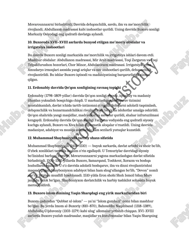 inib ketdi. shunga qaramay, bu davrda madrasalar, masjidlar va me’moriy obidalar qurilishi davom etdi. 8. temuriylar davrida fan va madaniyatning ravnaq topishi xiv–xv asrlarda temuriylar davri fan, adabiyot va san’atning yuksalish davri bo‘ldi. amir temur va uning avlodlari ilm-fan homiysi bo‘lib, samarqand, hirot va buxoroni madaniyat markaziga aylantirdilar. ulug‘bek (1394–1449) rasadxona barpo etib, astronomiya va matematika sohalarida yirik kashfiyotlar qildi. alisher navoiy (1441–1501), abdurahmon jomiy (1414–1492), kamoliddin behzod (1455–1535) kabi allomalar ijod qildilar. temuriylar davri sharq uyg‘onishining eng yuksak bosqichi bo‘lib, o‘zbekiston madaniy merosining poydevorini yaratdi. 9. abdullaxon ii davrida shayboniylar davlati abdullaxon ii (1538–1598) — shayboniylar sulolasining eng qudratli hukmdori. u mamlakatni siyosiy parokandalikdan chiqardi, buxoro markazli kuchli davlatni barpo etdi. xorazm, toshkent, farg‘ona va balxni o‘z tasarrufiga oldi, shu bilan butun movarounnaxrni birlashtirdi. davrida dehqonchilik, savdo, ilm va me’morchilik rivojlandi; abdullaxon madrasasi kabi inshootlar qurildi. uning davrida buxoro xonligi markaziy osiyodagi eng qudratli davlatga aylandi. 10. buxoroda xvii–xviii …