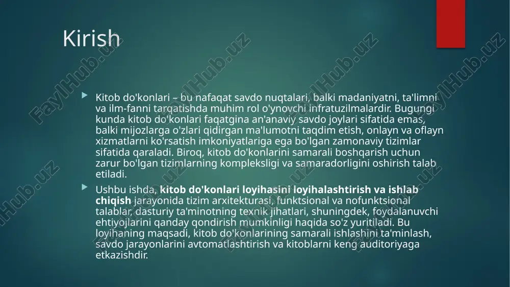 jribasini yaxshilashga qaratilgan. tizim arxitekturasi asosiy maqsad: kitob do'koni tizimi mustahkam va samarali ishlashini ta'minlash. tizim tarkibi: frontend (foydalanuvchi interfeysi): kitoblar, buyurtmalar va mijozlar bilan ishlash. backend (server qismi): ma'lumotlar bazasi, buyurtmalarni qayta ishlash va to'lovlarni amalga oshirish. integratsiyalar: elektron to'lov tizimlari, mijozlarni autentifikatsiya qilish. tizim loyihasi va komponentlari loyihalash printsiplari: moslashuvchanlik, oson kengaytirilishi, va xavfsizlik. asosiy komponentlar: kitob ma'lumotlar bazasi: kitoblar, mualliflar, narxlar va mavjudlik haqida ma'lumotlarni saqlash. buyurtma boshqaruvi: buyurtmalarni yaratish, to'lovni tasdiqlash, va foydalanuvchi tajribasini optimallashtirish. mijozlar tizimi: mijozlar hisobini yaratish va tarixni saqlash. c++ da amalga oshirish: dastur tuzilmasi dastur tuzilmasi haqida umumiy tushuncha. c++ dasturining asosiy qismlari: main() funksiyasi, sinflar, obyektlar, funksiyalar va kutubxonalar. kod strukturasining tushuntirilishi: qaysi qismda qaysi operatsiyalar bajarilishi kerakligini izohlash. c++ ning ob'ektga yo'naltirilgan dasturlash (oop) tamoyillari: inkapsulyatsiya, meros olish, polimorfizm. dasturdagi asosiy funksiyalar va ularning o'zaro aloqasi. c++ kodini tushuntirish: asosiy kod misoli c++ da yozilgan dastur kodining qismlari: o'zgaruvchilar …