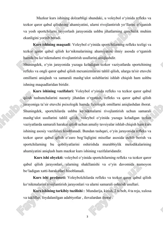ning bu qobiliyatlarini oshirishda murabbiylik metodikalarining ahamiyatini aniqlash ham mazkur kurs ishining vazifalaridandir. kurs ishi obyekti: voleybol o‘yinida sportchilarning refleks va tezkor qaror qabul qilish jarayonlari, ularning shakllanishi va o‘yin davomida namoyon bo‘ladigan xatti-harakatlari hisoblanadi. kurs ishi predmeti: voleybolchilarda refleks va tezkor qaror qabul qilish ko‘nikmalarini rivojlantirish jarayonlari va ularni samarali oshirish usullari. kurs ishining tarkibiy tuzilishi : mundarija, kirish, 2 ta bob, 4 ta reja, xulosa va takliflar, foydalanilgan adabiyotlar , ilovalardan iborat . i- bob. voleybol o‘yinida refleksning ahamiyati 1.1. refleks tushunchasi va uning sportdagi ahamiyati refleks — bu tashqi yoki ichki ta’sirga organizmning avtomatik, tez va ong ishtirokisiz javob reaktsiyasi hisoblanadi. reflekslar inson va hayvonlar hayot faoliyatining eng sodda, lekin juda muhim shakli bo‘lib, ular markaziy nerv tizimi orqali boshqariladi. reflekslarning asosiy vazifasi organizmni tashqi xavflardan himoya qilish, muvozanatni saqlash va harakatlarni tezda moslashtirishdan iborat. sport faoliyatida, xususan voleybol kabi tezkor o‘yin turlarida reflekslarning roli beqiyosdir. voleybolchilar …
