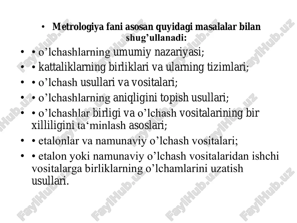 mkorlikda texnik to‘siqlarni bartaraf etish; • – metrologik faoliyat doirasidagi ishlarni xalqaro va hududiy darajalarda o‘zaro hamkorlik qilish va tan olishni ta’minlash; • – tadbirkorlik subyektlari darajasida o‘zo‘btt talablarini boshqa tizimlarning talablari bilan uyg‘unlashtirish. • metrologiya to‘g‘risida aniq va ravshan ko‘rsatib berilgan asosiy maqsadlardan kelib chiqqan holda, o‘zo‘btt uchun quyidagi vazifalar qo‘yilgan: • – milliy qoidalarni xalqaro qoidalar bilan uyg‘unlashtirish asosida davlatlararo munosabatlarning rivojlanishiga ko‘maklashish; • – o‘z o‘bttni xalq xo‘jaligining ajralmas qismi sifatida rivojlanishini bashorat qilish; • – o‘lchashlarning birliligini, talab etilgan aniqliligini, ishonchliligini ta’minlash asosida milliy iqtisodiyotning ilmiy va texnik imkoniyatlarini rivojlantirishda qatnashish, shuningdek, o‘lchashlar usullarini, o‘lchash vositalarini mukammallashtirish va ularning aniqligi, ish unumi va puxtaligini oshirishga ko‘maklashish. metrologiya o’z navbatida quyidagi bo’limlarga bo’linadi: nazariy metrologiya, amaliy metrologiya va qonunlashtiruvchi metrologiya. nazariy metrologiya – metrologiyaning fundamental asoslarini ishlab chiqish predmeti bo’lgan sohasidagi metrologiya bo’limi. amaliy metrologiya – nazariy metrologiya ishlanmalarini va qonunlashtiruvchi metrologiya qoidalarini amaliy qo’llanish masalalari bilan …