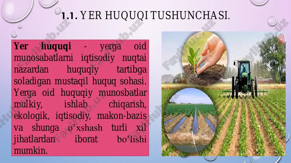 kuchi bo‘yicha manbalar qonunlar va qonunosti normativ hujjatlariga bo‘linadi. qonunlar oliy yuridik kuchga ega bo‘lib, boshqa normativ aktlar qonun talablarini bajarish uchun qo‘llaniladi. tartibga solish predmeti bo‘yicha umumiy va maxsusga bo‘linadi. umumiy qonunlar o‘zlarining tartibga solish predmeti doirasi kengligi va nafaqat yer munosabatlari balki boshqa munosabatlarni tartibga solishi bilan tavsiflanadi. yerga oid siyosatni belgilashda ishtirok etadigan umumiy ahamiyatga ega bo‘lgan qonunlarga o‘zbekiston respublikasining konstitutsiyasini, “tabiatni muhofaza qilish to‘g‘risida”gi qonuni (1992 yil 9 dekabr) misol bo‘ladi. yer huquqi manbalari huquqiy tartibga solish xarakteri bo‘yicha manbalar moddiy va protsessualga bo‘linadi. moddiy xarakterdagi normativ-huquqiy aktlar munosat qatnashchilarining huquqlari, majburiyatlari va javobgarligini o‘rnatuvchi moddiy huquq normalarini o‘z ichiga oladi. protsessual xarakterdagi yer huquqi manbalari yerdan foydalanish va muhofaza qilish sohasidagi protsessual munosabatlarni tartibga soladi. qonunchilik akti shakli bo‘yicha yer huquqi manbalari kodifikatsiyalangan va kodifikatsiyalanmagan manbalarga bo‘linadi. kodifikatsiyalangan – bu huquqning u yoki bu sohasida asosiy hisoblangan, yuqori sifati va tizimlashganlik darajasi bilan ajralib turuvchi …