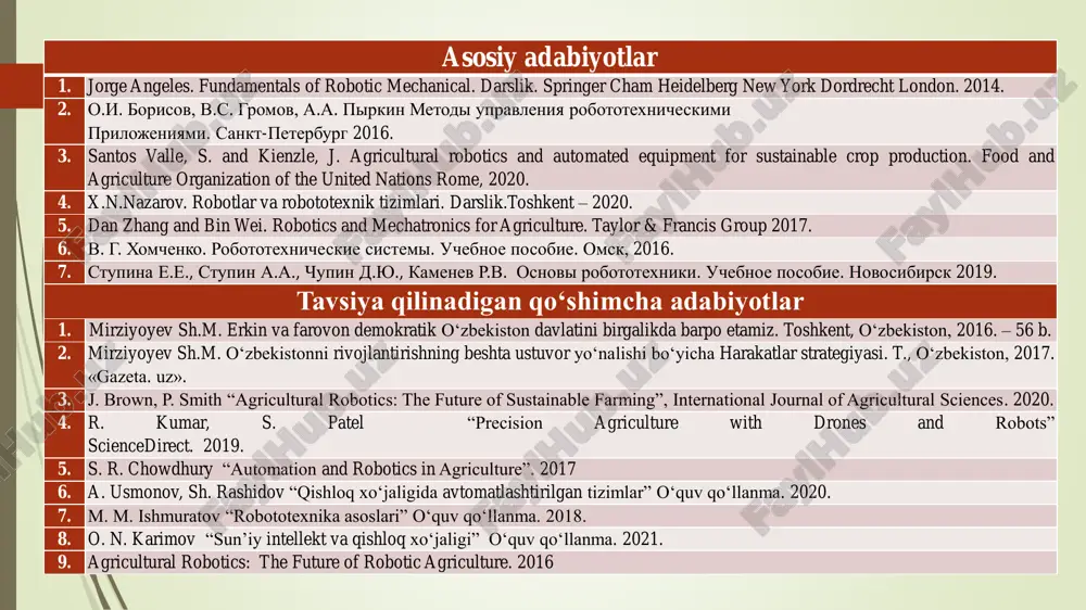 ali inson resurslaridan samarali foydalanish. . robototexnika – fizik jismni dasturlash va uni insonga yordamchi qilib ishlatish maqsadida ishlatiladigan texnologiyalarning jamlamasi. robototexnikada asosan robotlar, sensorlar, kontrollerlar, quvvat tizimlari, algoritmlar va jismlar o‘rtasidagi munosabatlar o‘rganiladi. robot – avtonom yaki inson tomonidan boshqariladigan mexanizm, o‘ziga xos vazifalarni bajarishga yo‘naltirilgan. qishloq xo‘jaligida robotlar, masalan, yetishtirish jarayonlarini avtomatlashtirish, erta xo‘jalikni ishlatish, sug‘orish, urug‘ topish va yovvoyi o‘simliklar bilan kurashishda foydalaniladi. asosiy tushunchalar . avtomatlashtirish – ish jarayonlarini inson aralashuvini minimallashtirish orqali amalga oshirish. qishloq xo‘jaligida avtomatlashtirish eng ko‘p agronomik ishlarda qo‘llaniladi. robotlashtirish – maxsus robotlarni ishlab chiqish va joriy qilish orqali insonning fizik mehnatini kamaytirish va ishlarni aniq, samarali amalga oshirish. agrotexnik robotlar – qishloq xo‘jaligida maxsus ishlarni bajarish uchun ishlab chiqarilgan robotlar. bu robotlar o‘simliklarni o‘stirish, urug‘ topish kabi ishlar bilan shug‘ullanadi. asosiy tushunchalar avtonomiya – robotning inson aralashuvisiz o‘z vazifalarini amalga oshirish qobiliyati. qishloq xo‘jaligida avtomatlashtirilgan robotlar ko‘p hollarda avtonomiyaning yuqori darajasida …