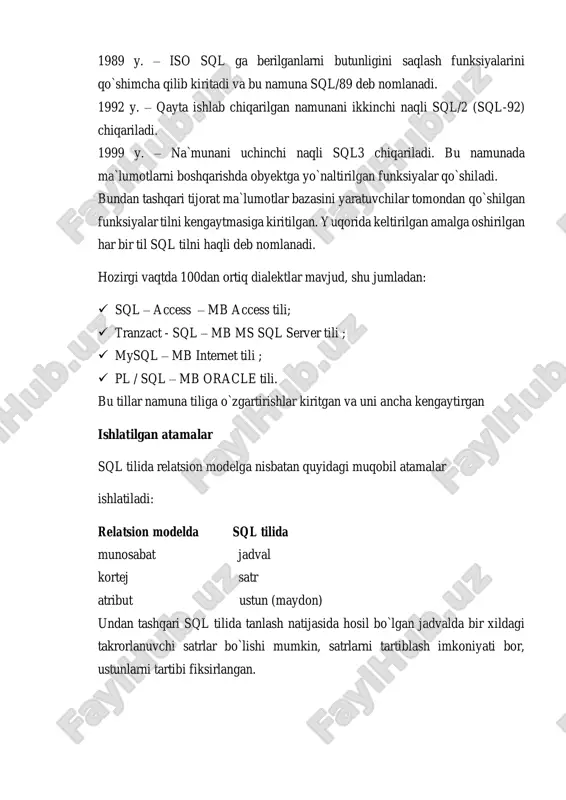 tilida relatsion modelga nisbatan quyidagi muqobil atamalar ishlatiladi: relatsion modelda sql tilida munosabat jadval kortej satr atribut ustun (maydon) undan tashqari sql tilida tanlash natijasida hosil bo`lgan jadvalda bir xildagi takrorlanuvchi satrlar bo`lishi mumkin, satrlarni tartiblash imkoniyati bor, ustunlarni tartibi fiksirlangan. sql operatorlarni yozish qoidalari sql tilida operatorlar erkin formatda yoziladi. har bir operator kalit so`zlar va foydalanuvchi tomonidan kiritilgan so`zlardan iboratdir. kalit so`zlarni bo`lib yozish mumkin emas, ya`ni ularni namunada ko`rsatilgani bo`yicha yozish kerak. foydalanuvchilar tomondan kiritilgan so`zlar jadvallar, ustunlar, so`rovlarni va ma`lumotlar bazasidagi boshqa obyektlarni nomlash uchun ishlatiladi. so`zlarni ketma-ketligi qoidalar bo`yicha beriladi, operator nuqta-vergul (;) bilan yakunlanadi. barcha operatorlar registrga bog`lanmagan, ya`ni katta va kichik harflarni ishlatsa bo`ladi, lekin literalda bu ahamiyatga ega. masalan, «boltayev » va boltayev» har xil literallardir. til erkin formatda yozilishi mumkin bo`lgani uchun, quyidagi kelishuvlarga tayanamiz: 1. har bir konstruksiya yangi satrdan boshlanishi kerak. 2. har bir konstruksiya bir xil satrni bir …