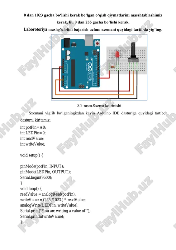 ini kuzatishimiz uchun quyidagi amalni bajarishimiz kerak, ya’ni: 3.5-rasm.sxemani ko‘rinishi 3.6-rasm.ishni bajarilish jarayoni sxemani yig’ib bo‘lganingizdan keyin arduino ide dasturiga quyidagi tartibda dasturni kiritamiz: import muvium.compatibility.arduino.arduino; class lab_5 extends arduino{//automatically added vbb framework code - do not remove // create array for led pins byte ledpin[] = {4, 5, 6, 7, 8, 9, 10, 11, 12, 13}; int leddelay; // delay between changes int direction = 1; int currentled = 0; long changetime; int potpin = 2; // select the input pin for the potentiometer public void setup() { // set all pins to output for (int x=0; x leddelay) { changeled(); changetime = millis(); } } void changeled() { // turn off all led's for (int x=0; x < 10; x++) { digitalwrite(ledpin[x], low); } // turn on the current led digitalwrite(ledpin[currentled], high); // increment by the direction value currentled += direction; // change direction if we reach the …