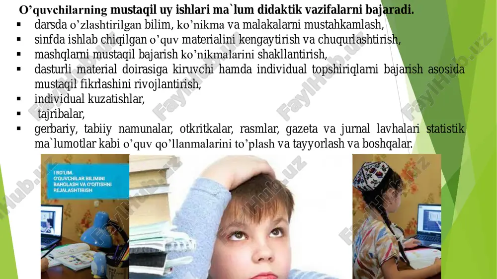 r o'quvchilarni mustaqil ishlash qobiliyatini o'stirishga, ularni tabiatga qiziqishini orttirishga, fikrlashga yordam beradi. ekskursiyalar vaqtida turli metodlardan foydalaniladi. jumladan ekskursiya temasi va qilinadigan ishlar mazmuniga bog'liq holda hikoya, suhbat, demonstratsiya, amaliy ishlarni bajarish kabi metodlardan foydalaniladi. dasturda ko'rsatilgan mavzu bo'yicha ekskursiya tabiatda, ishlab chiqarishda o'tkaziladi. tabiatda o'tkaziladigan ekskursiyalarga tayyorlanishda o'qituvchi quyidagilarni bajaradi. 1. ekskursiya mavzusiga mos bo'lgan joy tanlaydi. 2. ekskursiya o'tkazish joyini o'qituvchi avval o'zi o'rganib, undagi ko'proq uchrovchi hayvonlarni aniqlaydi. 3. ekskursiya paytida qanday o'simliklarni o'rganish, namunalar olish, hisoblash ishlarini ham aniqlab oladi. 4. ekskursiya o'tkaziladigan joyga borish marshrutini belgilanadi. 5. ekskursiya rejasi tuzilib unda mazkur tadbirning maqsad va vazifalari aniqlanadi. 6. ekskursiya uchun zarur anjomlar (gerbariy papkalari, tesha, qaychi, probilkalar, gazetalar, o'simliklar aniqlagichlari va boshqalar) tayyorlanadi. anjomlar ekskursiyaga chiqadigan o'quvchilar guruhlarini hisobga olgan holda tayyorlanadi. 7. ekskursiyani yakunlash yo'llari belgilanadi. ekskursiyani o'tkazish uchun o'qituvchi maktabda o'quvchilarga maqsad va vazifalarni tushuntirib, ularni 4-6 tadan guruhlarga ajratadi. har bir …