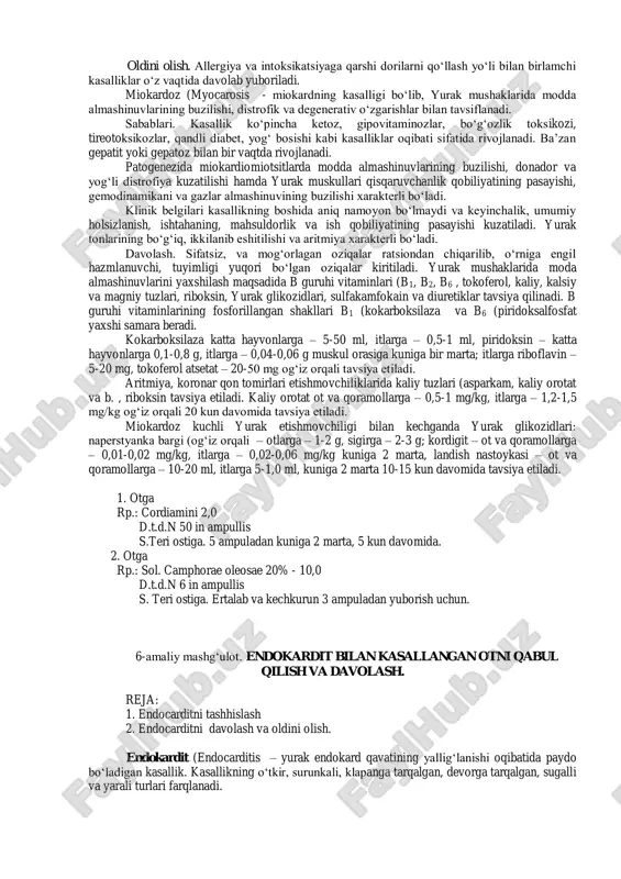 iya, pulsning to‘lishgan va kuchli to‘lqinli bo‘lishi, yurak sohasida og‘riq, yurak urishlarining kuchayishi va ba’zan to‘rtkili bo‘lishi, yurak tonlarining, asosan 1-tonning kuchayishi, arterial bosimning oshishi va qon harakatining tezlashishi kabi asosiy belgilar kuzatiladi. ekg da r, r va asosan t tishlarning kattalashishi, r q va q t oraliqlarning qisqarishi va ba’zan s t bo‘lagining joyidan qo‘zg‘alishi va ekstrasistoliya kuzatiladi. kasallikning ikkinchi davrida, ya’ni miokardda distrofik va degenerativ o‘zgarishlar paytida yurak-qon tomir etishmovchiliklari (hansirash, ko‘karish, shish, aritmiya paydo bo‘ladi. aritmiyaning qorinchalar ekstrosistoliyasi, bo‘lmachalar qaltirog‘i, gissa tuguni oyokchalarining qamali kabi turlari kuzatiladi. puls kichik va to‘lishmagan bo‘ladi. yurak urishlari susayadi, 1- ton kuchayadi va ba’zan ikkiga bo‘linadi yoki biroz cho‘zilgan bo‘ladi. ikkinchi ton susayadi. taxikardiya va miokardning qisqaruvchanlik qobiliyatining susayishidan har bir sistola paytida aortaga haydalayotgan qonning miqdori kamaya boradi va arterial bosim pasadi. kuchli destruktiv o‘zgarishlar oqibatida «tuyoq dupuri» ritmi, embriokardiya yoki ikkala tonning ham birdaniga susayishi va past eshitilishi kuzatiladi. …
