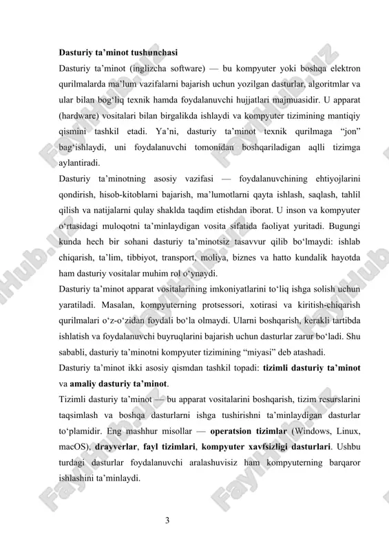 n ehtiyojlarini bajarishga qaratilgan. bunga matn muharrirlari (microsoft word), elektron jadval dasturlari (excel), grafik muharrirlar (photoshop, coreldraw), hisob-kitob tizimlari (1c, autocad), brauzerlar (google chrome, mozilla firefox) va mobil ilovalar kiradi. ularning asosiy vazifasi — inson mehnatini yengillashtirish, vaqtni tejash va axborot bilan samarali ishlashni ta’minlashdir. bundan tashqari, dasturlash tizimlari yoki dastur ishlab chiqish vositalari (development tools) ham dasturiy ta’minotning muhim qismini tashkil etadi. ular yangi dasturlar yaratish, sinovdan o‘tkazish va ularni takomillashtirish uchun mo‘ljallangan. bunday vositalarga dasturlash tillari (c, c++, python, java, pascal), integratsiyalashgan muhitlar (visual studio, eclipse, pycharm) hamda ma’lumotlar bazasini boshqarish tizimlari (mysql, postgresql, oracle) kiradi. dasturiy ta’minotning tuzilishi ko‘p bosqichli tizimdan iborat. u foydalanuvchi darajasidan boshlab operatsion tizim yadrosigacha bo‘lgan qatlamlarni o‘z ichiga oladi. eng yuqori darajada foydalanuvchi interfeysi joylashgan bo‘lib, u dastur bilan o‘zaro aloqani ta’minlaydi. oraliq qatlamlarda dasturiy modullar, kutubxonalar, xizmatlar, algoritmlar va ma’lumotlar bazasi joylashadi. eng past darajada esa apparat darajasida ishlovchi drayverlar va …