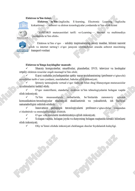 matnli javobdan va boshqalardan iborat bo’lishi mumkin. forum – forumning 3 ko’rinishi mavjud (savol-javob, hammaning o’z mavzusi, standart muzokara). chat – real vaqtdagi muzokara. moodle mo’t dunyoning 200 davlatida 70 tildagi 2 mln. ga yaqin ro’yxatdan o’tgan foydalanuvchilar, 46 ming ta’lim portallariga ega va 300 dan ziyod dasturchilarni birlashtiradi. moodle (http://www.gnu.org/copyleft/gpl.html) gpl lisenziyasi ostida (http://www.opensource.org/docs/definition_plain.html) ochiq joriy kodi bilan dasturiy ta’minot kabi tarqalmoqda. ochiq dasturiy kodli moodle ga o’zgartirishlar kiritish, yaxshilash, modifikasiyalash uchun http://www.moodle.org manzil bo’yicha kirish mumkin. moodle ni ishlatish strategiyasi, filosofiyasi bo’yicha qo’shimcha axborotlarni http://thinkingdistance.org/ manzil bo’yicha olish mumkin. “moodle” so’zi – bu “modular object - oriented dynamic learning environment” so’zining abbreviaturasidir. rus tilida “mudl” va “moodus” (modulnaya ob’ektno-orientirovannaya dinamicheskaya upravlyayushaya sreda) nomlari ham qo’llaniladi [13,14]. moodle unix, linux, freebsd, windows, mac os x, netware operasion tizimlarida va php ishlatilishi mumkin bo’lgan ixtiyoriy boshqa tizimlarda ham modifikasiyalarsiz qo’lanilishi mumkin. ma’lumotlar mysql va postgresql ma’lumotlar bazasida saqlanadi, ammo ma’lumotlar …