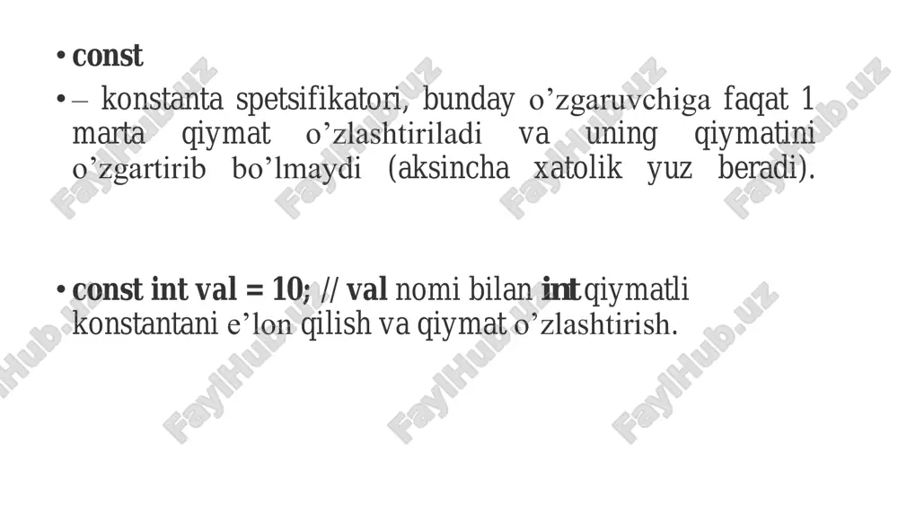 vchisi 0 dan 9 gacha 1 qadam bilan o’sganda…” a = i; // “a o’zgaruvchisiga i qiymati o’zlashtirilsin” serial.println(a); // “port monitoriga a ning qiymati chiqarilsin” } // xuddi if/else operatori kabi faqat 1 ta amal uchun {} shart emas: for(int i = 0; i < 10; i++) serial.println(i); //yoki, 1 ta satrga sig’dirish mumkin: for(int i = 0; i < 10; i++) serial.println(i); //yana bir misol: for(;;); // to’xtovsiz takrorlanish tsikli. undan faqat break yoki goto operatorlari yordamida chiqiladi • #define • preprotsessor (kompilyator tomonidan birinchi bo’lib ishga tushiriladigan matn protsessori) tomonidan ko’rsatilgan nomni ko’rsatilgan qiymatga almashtirish buyrug’ini beradigan ko’rsatma. odatda, bunday ko’rsatma bilan konstantalar (o’zgarmaslar) belgilab olinadi. • misollar: #define led_pin 3 // mikrokontrollerning svetodiodga bog’langan pini raqami ‘3’ ekanligi belgilab olinmoqda #define motor_pin 10 // mikrokontrollerning motorga bog’langan pini raqami ’10’ ekanligi belgilab olinmoqda natijada, kompilyatsiyadan keyin barcha motor_pin va led_pin so’zlari tegishli konstantalarga almashtiriladi. oddiy o’zgaruvchilardan …