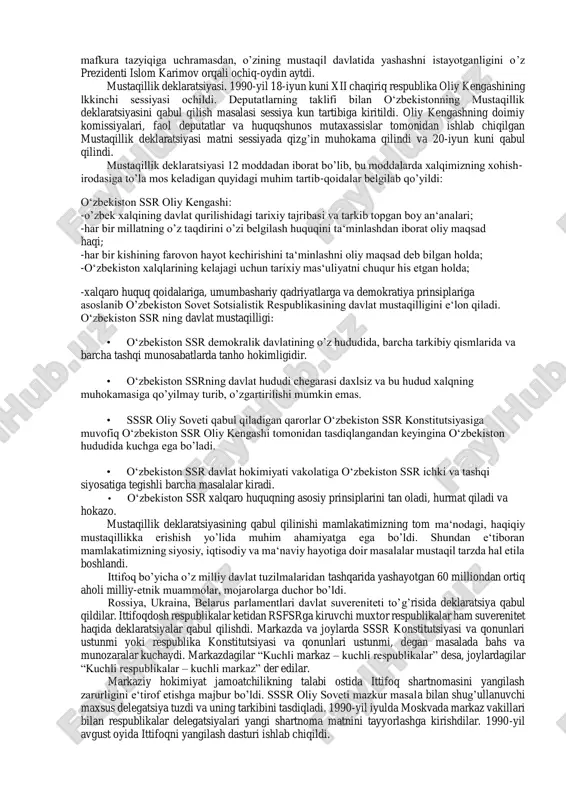 xalqqa milliy ma‘naviyat, an‘analar va urf-odatlarning qaytarib berilganligi bo’ldi. mustaqillik arafasida, ya‘ni 1989 yilning 19 oktabr kuni o’zbek tiliga davlat tili maqomini berish masalasi o’zbekiston respublikasi oliy soveti sessiyasi muhokamasiga qo’yilgani ham davlatimiz rahbari islom karimov nomi bilan bog’liq. o’sha qaltis siyosiy-ijtimoiy sharoitda o’zbek tiliga davlat tili maqomini berish masalasi keskin va murosasiz bahs va tortishuvlarga sabab bo’lgan. o’sha vaqtda ayrim siyosiy guruhlar o’zbekiston sharoitiga mutlaqo to’g’ri kelmaydigan, bir-biriga butunlay zid va qarama-qarshi fikrlarni olg’a surgan, shuning hisobidan o’ziga obro’ topish, odamlarni ortidan ergashtirishga uringan edi. nega deganda, til bilan bog’liq muammolar orqali milliy tuyg’ularni ro’kach qilib, ulardan g’arazli maqsadlarda foydalanish mumkin edi. islom karimovning o’sha paytdagi har tomonlama puxta o’ylangan, mulohaza qilib, barcha siyosiy va ijtimoiy guruhlarning talablarini qondiradigan, eng muhimi, xalqimiz va vatanimiz manfaatlariga javob beradigan vazminlik siyosati orqali yagona to’g’ri yo’lni topishga erishildi. natijada xalqimizning muqaddas qadriyatlaridan biri bo’lmish ona tilimiz o’zining qonuniy maqomi va himoyasiga mustaqillikka …