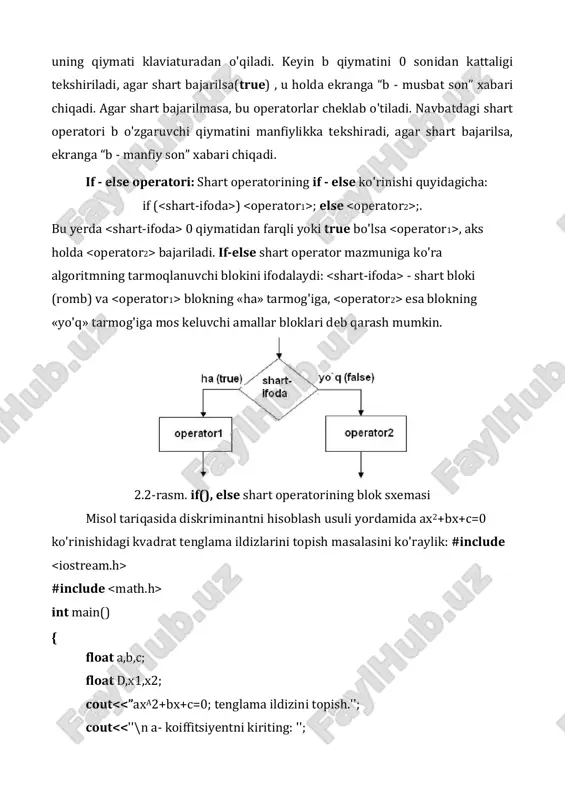 if(n 9999) { cout a1+a0''; return 0; } dastur ishorasiz butun son kiritishni taklif qiladi. agar kiritilgan son 4 xonali bo'lmasa (n 9999), bu haqda xabar beriladi va dastur o'z ishini tugatadi. aks holda n sonining raqamlari ajratib olinadi, hamda boshidagi ikkita raqamning yig'indisi - (a3+a2) qolgan ikkita raqamlar yig'indisi - (a1+a0) bilan solishtiriladi va ularning teng yoki yo'qligiga qarab mos javob chop qilinadi. ?: shart amali: c++ tilida “?” amali ham aniqlangan bo'lib tekshirilayotgan shart nisbatan sodda bo'lsa, shart amalining > ko'rinishini ishlatish mumkin: ? : ; shart amali if shart operatoriga o'xshash holda ishlaydi: agar 0 qiymatidan farqli yoki true bo'lsa, , aks holda bajariladi. odatda ifodalar qiymatlari birorta o'zgaruvchiga o'zlashtiriladi. misol tariqasida ikkita butun son maksimumini topish ko'raylik. #include int main() { int a,b,c; cout >a; cout >b; c=a>b?a:b; cout int main() { int a,b; cout >a; cout >b; c=a>b ? a : b; cout b) ?a:b; …