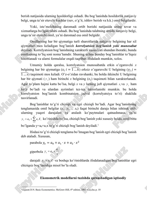 gilar boshqalariga ta’sir etadi, ularning o’zgarishiga sababchi bo’ladi. shuning uchun ular omil belgilar deb yuritiladi, ikkinchi toifadagilar esa natijaviy belgilar deyiladi. masalan, paxta yoki bug’doyga suv, mineral o’g’itlar va ishlov berish natijasida ularning hosildorligi oshadi. bu bog’lanishda hosildorlik natijaviy belgi, unga ta’sir etuvchi kuchlar (suv, o’g’it, ishlov berish va h.k.) omil belgilardir. yoki, iste’molchining daromadi ortib borishi natijasida uning tovar va xizmatlarga bo’lgan talabi oshadi. bu bog’lanishda talabning ortishi natijaviy belgi, unga ta’sir etuvchi omil, ya’ni daromad esa omil belgidir. omillarning har bir qiymatiga turli sharoitlarida natijaviy belgining har xil qiymatlari mos keladigan bog’lanish korrelyatsion bog’lanish yoki munosabat deyiladi. korrelyatsion bog’lanishning xarakterli xususiyati shundan iboratki, bunda omillarning to’liq soni noma’lumdir. shuning uchun bunday bog’lanishlar to’liqsiz hisoblanadi va ularni formulalar orqali taqriban ifodalash mumkin, xolos. umumiy holda qaralsa, korrelyatsion munosabatda erkin o’zgaruvchi x belgining har bir qiymatiga (𝑥𝑖 𝑖 = 1 … 𝑘̅̅ ̅̅ ̅̅ ̅) erksiz o’zgaruvchi u belgining (𝑦𝑗 …