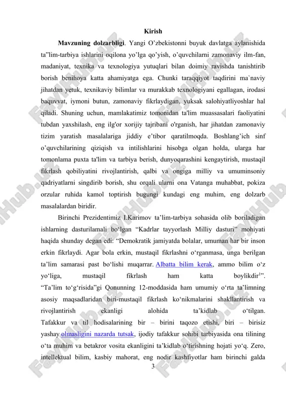 qobiliyatni aniqlash, ijodiy tafakkur faoliyatini jadallashtirish, o‘quvchida ravon nutq, mantiqiy fikrlash, fikr mahsulini yozma ravishda to‘g‘ri, izchil o‘rinda ifodalash, egallangan bilimlarni mustahkamlashga xizmat qiladigan mustaqil matn yaratishning universal texnologiyasi modulini ishlab chiqish, shu tizim asosida o‘quvchining matn yaratish ko‘nikmalarini shakllantirish va rivojlantirish masalalariga bag‘ishlangan. davlat ta’lim standartlari talabalari asosida ona tili o‘qitishning bosh maqsadi o‘quvchilarda mustaqil fikrlash, ijodiy fikr mahsulini yozma, og‘zaki shakllarda to‘g‘ri, ravon ifodalash ko‘nikmalarini shakllantirish ekan, demak, til o‘qitish metodikasi fani oldida o‘z yechimini kutib turgan navbatdagi dolzarb vazifa – o‘quvchilarda mustaqil matn yaratish ko‘nikmalarini shakllantirish muammosining ijobiy yechimini topishdan iborat. biz tanlagan ilmiy-tadqiqot mavzusi ana shu muammoning ilmiy – amaliy yechimini topish maqsadida amalga oshirildi bmi mavzusining dolzarbligi ham ana shu ilmiy-metodik zaruriyat bilan belgilanadi. kurs ishining ob’ekti va predmeti: boshlang’ich sinflarda matn yaratishni shakllantirish kurs ishining predmeti matn yaratish haqida fikrga ega bo’lish https://azkurs.org/har-bir-xalqqa-oz-tili-aziz-va-ardoqli.html https://azkurs.org/barkamol-avlod-v2.html https://azkurs.org/qobiliyatni-aniqlash-testi.html https://azkurs.org/tenglamalar-tuzib-masalalar-yechishni-orgatish-metodikasi.html https://azkurs.org/kreativ-fikrlash-v3.html 5 kurs ishining maqsadi va vazifalari: matn …